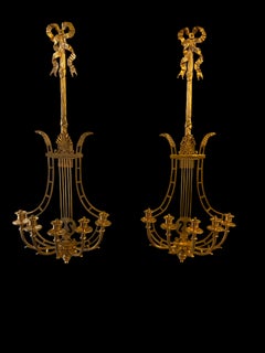Empire Sconces, French Ormolu Wall Light Candelabras Lyre, 20th Century