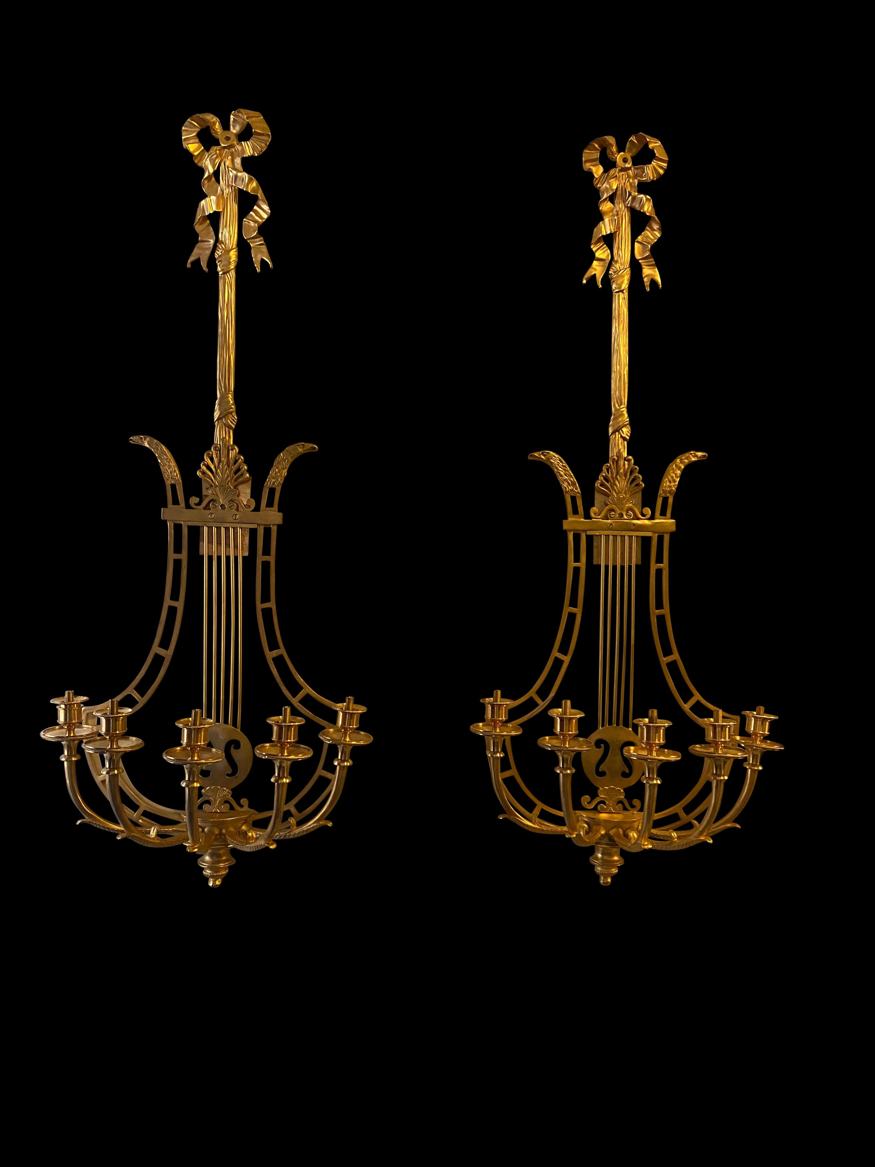 Empire Sconces, French Ormolu Wall Light Candelabras Lyre, 20th Century In Excellent Condition For Sale In London, GB