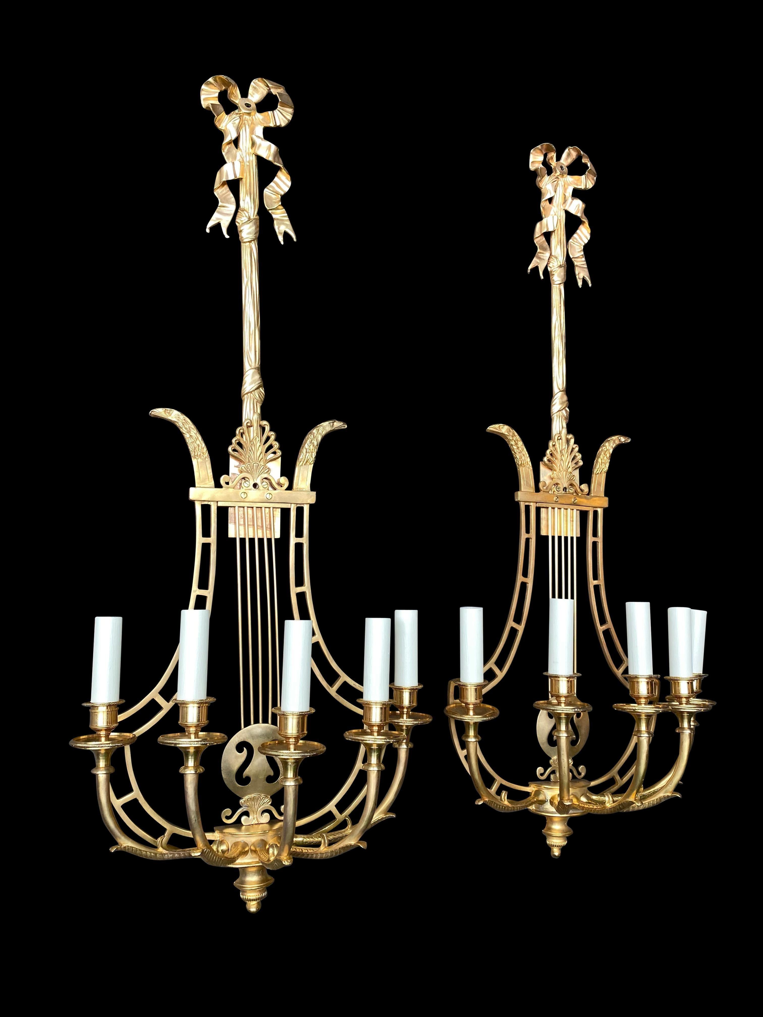 Empire Sconces, French Ormolu Wall Light Candelabras Lyre, 20th Century In Excellent Condition For Sale In London, GB