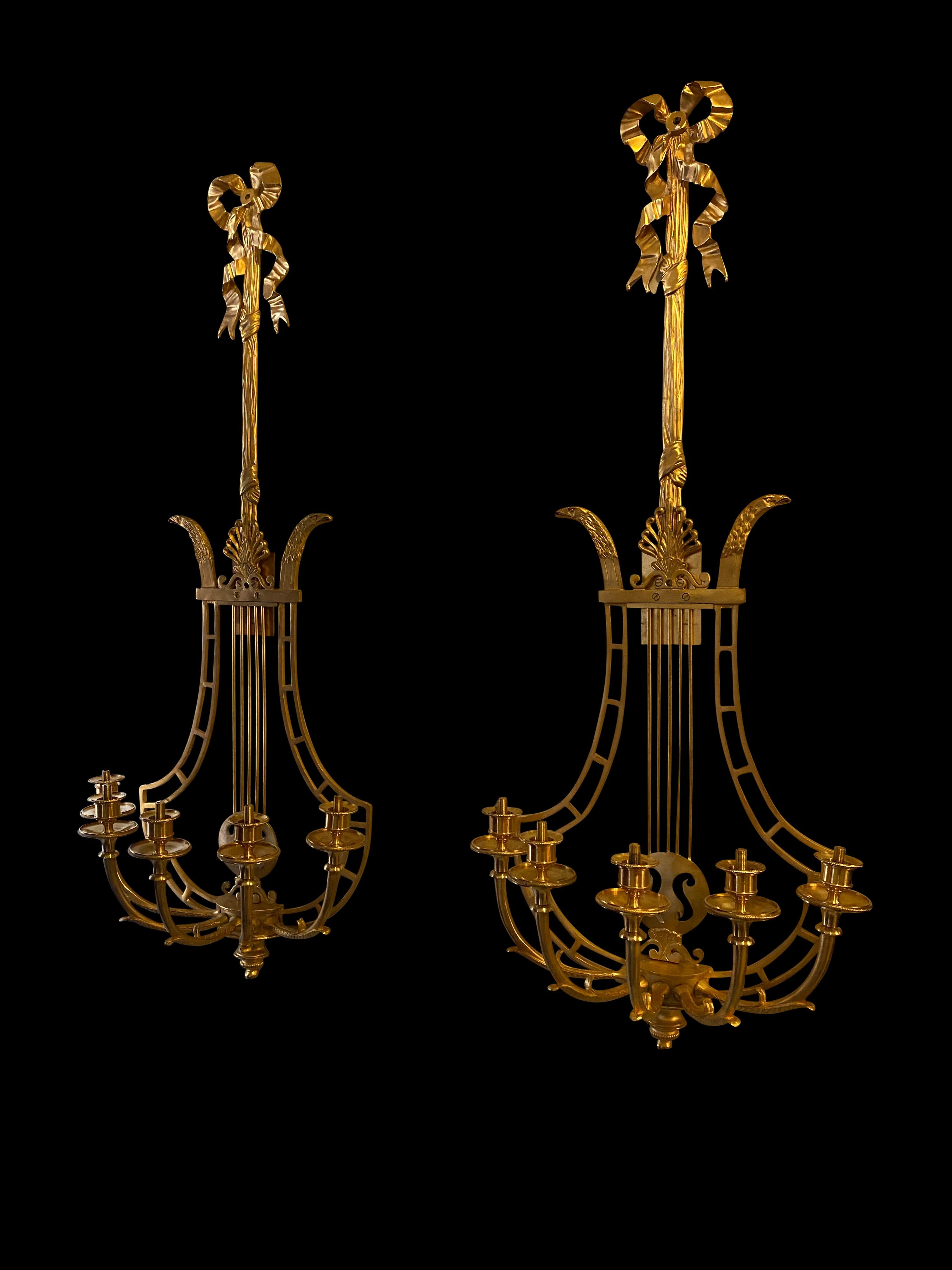 Empire Sconces, French Ormolu Wall Light Candelabras Lyre, 20th Century For Sale 1