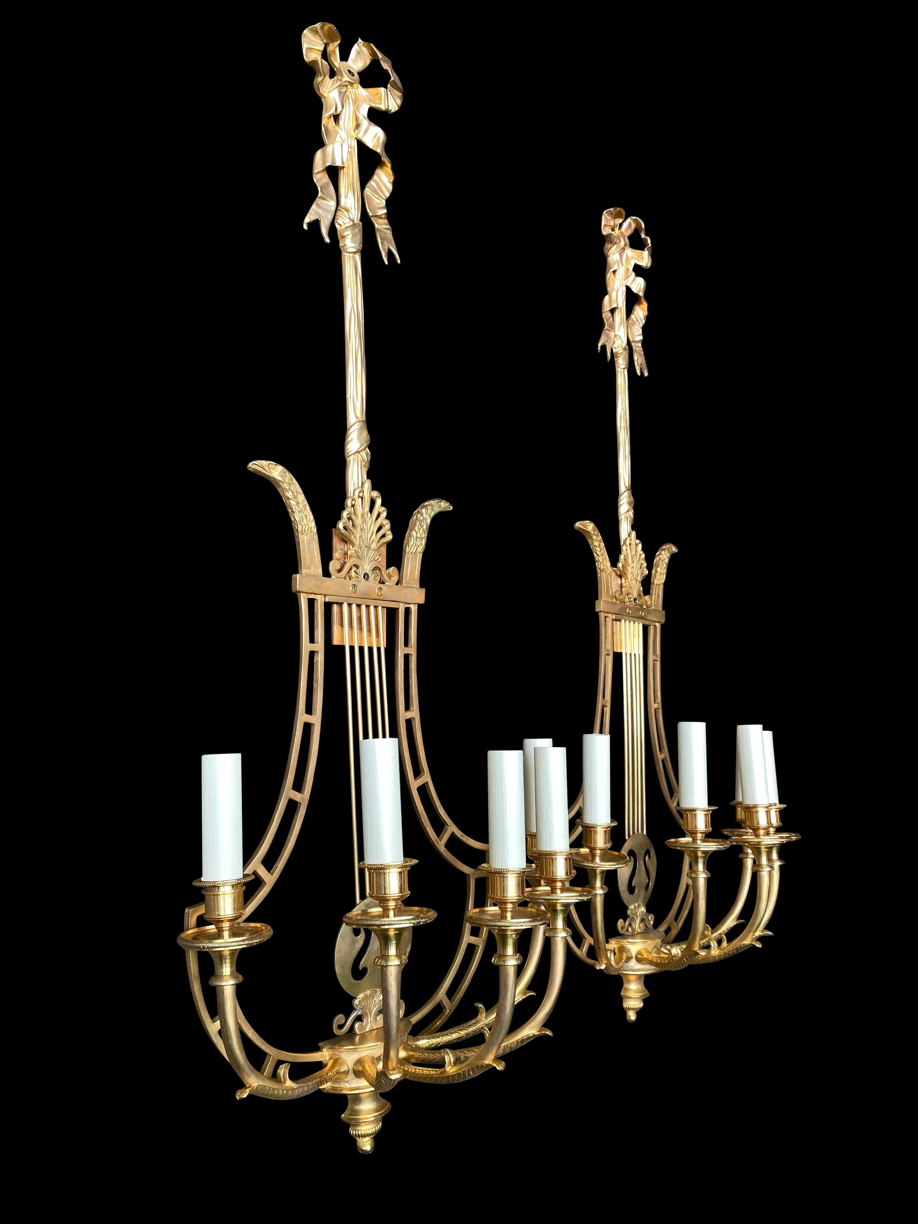Empire Sconces, French Ormolu Wall Light Candelabras Lyre, 20th Century For Sale 2
