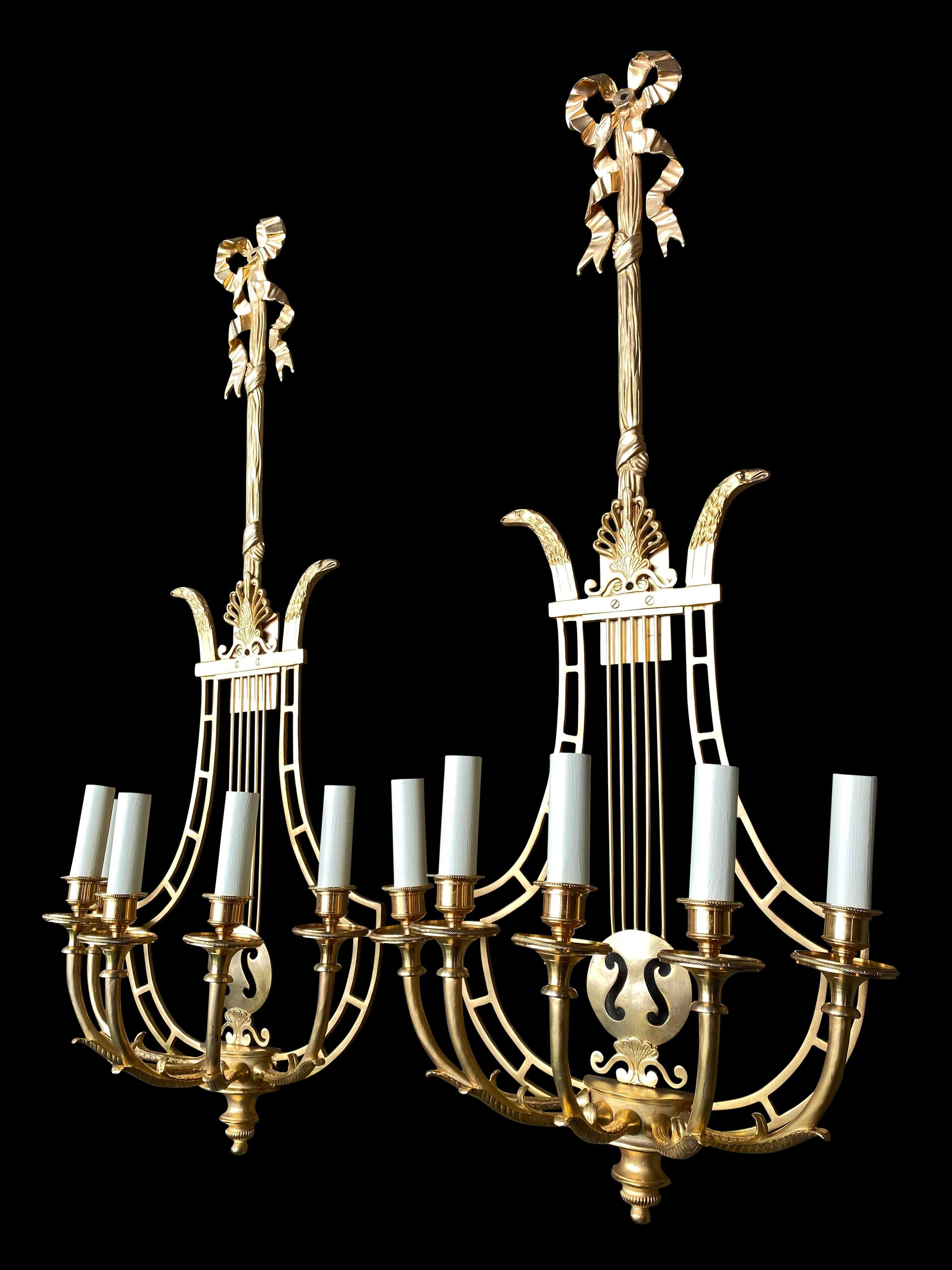 Empire Sconces, French Ormolu Wall Light Candelabras Lyre, 20th Century For Sale 2