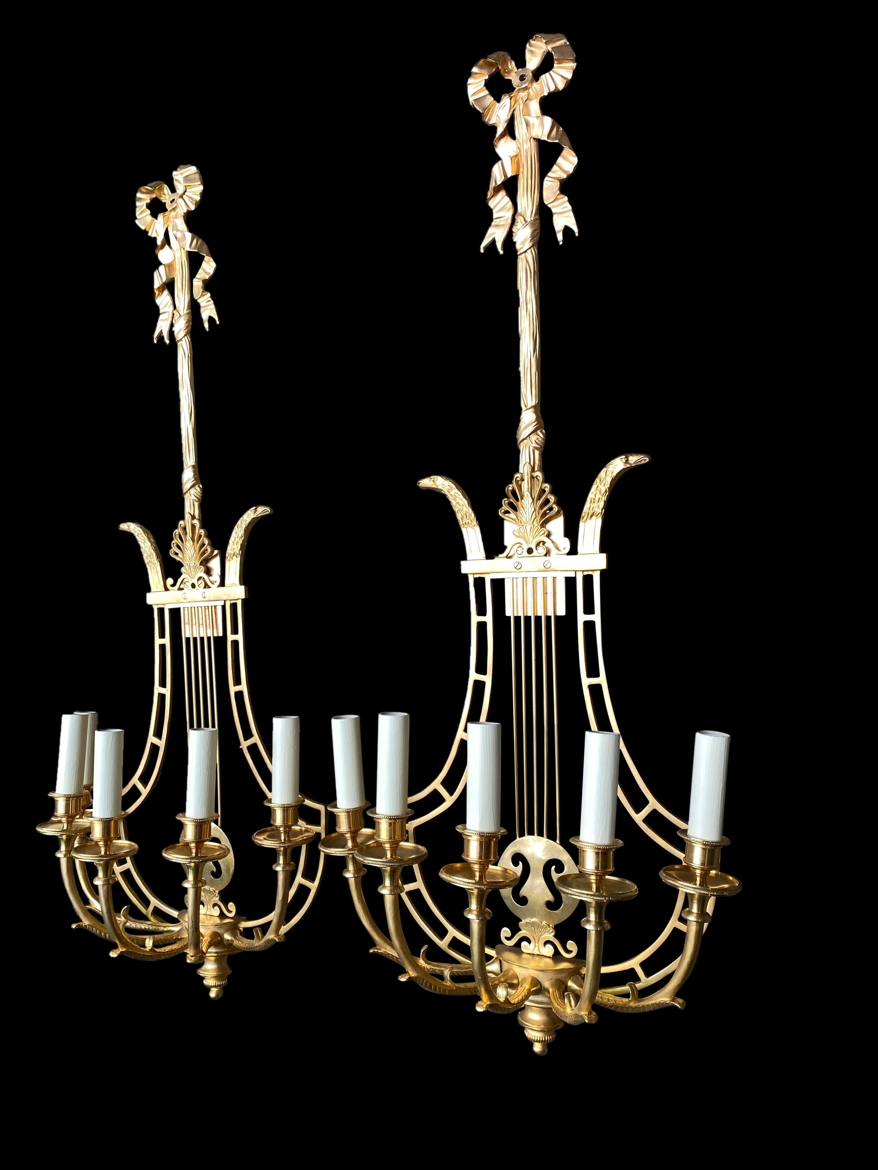 Empire Sconces, French Ormolu Wall Light Candelabras Lyre, 20th Century For Sale 3