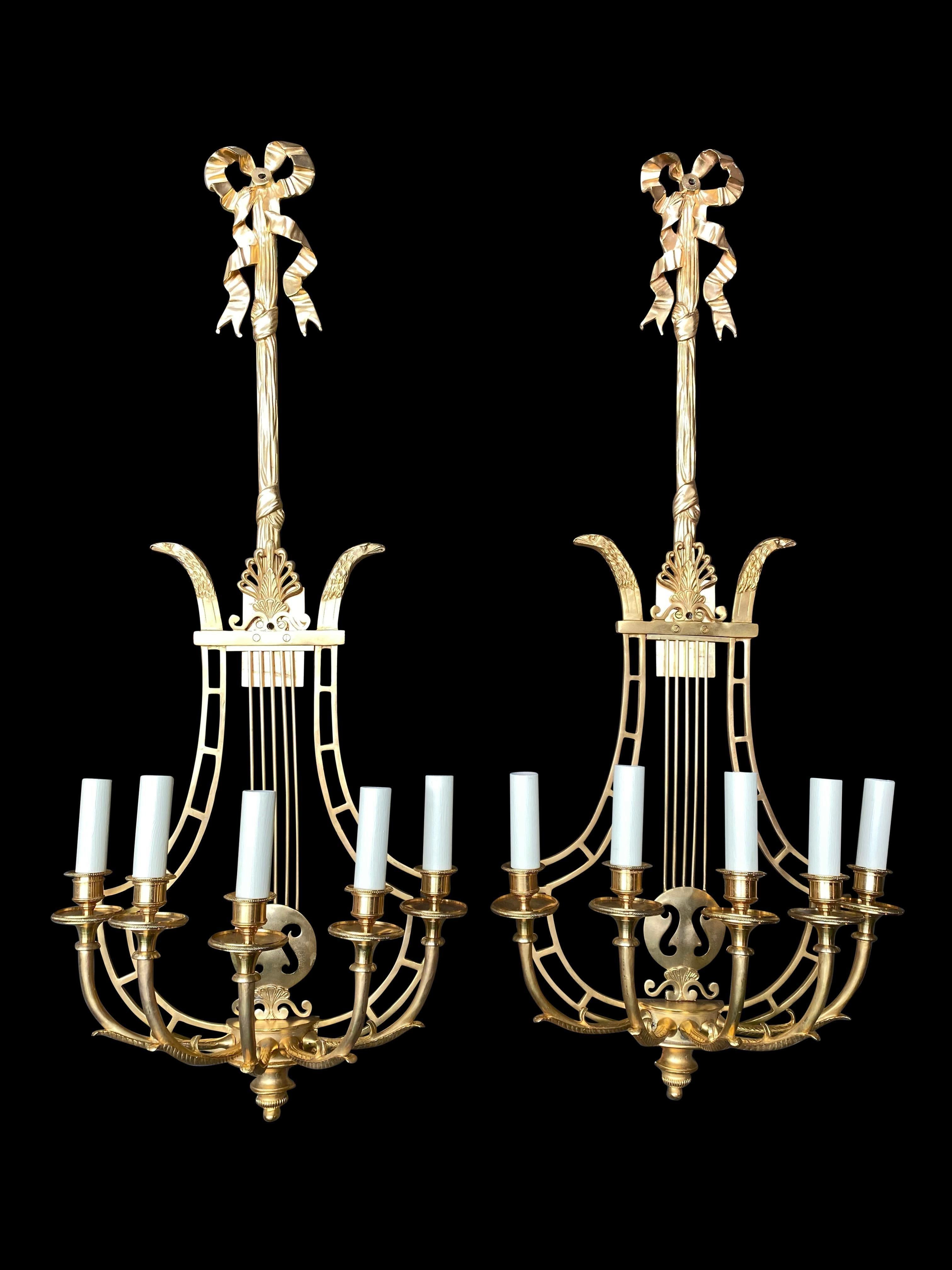 Empire Sconces, French Ormolu Wall Light Candelabras Lyre, 20th Century For Sale 4
