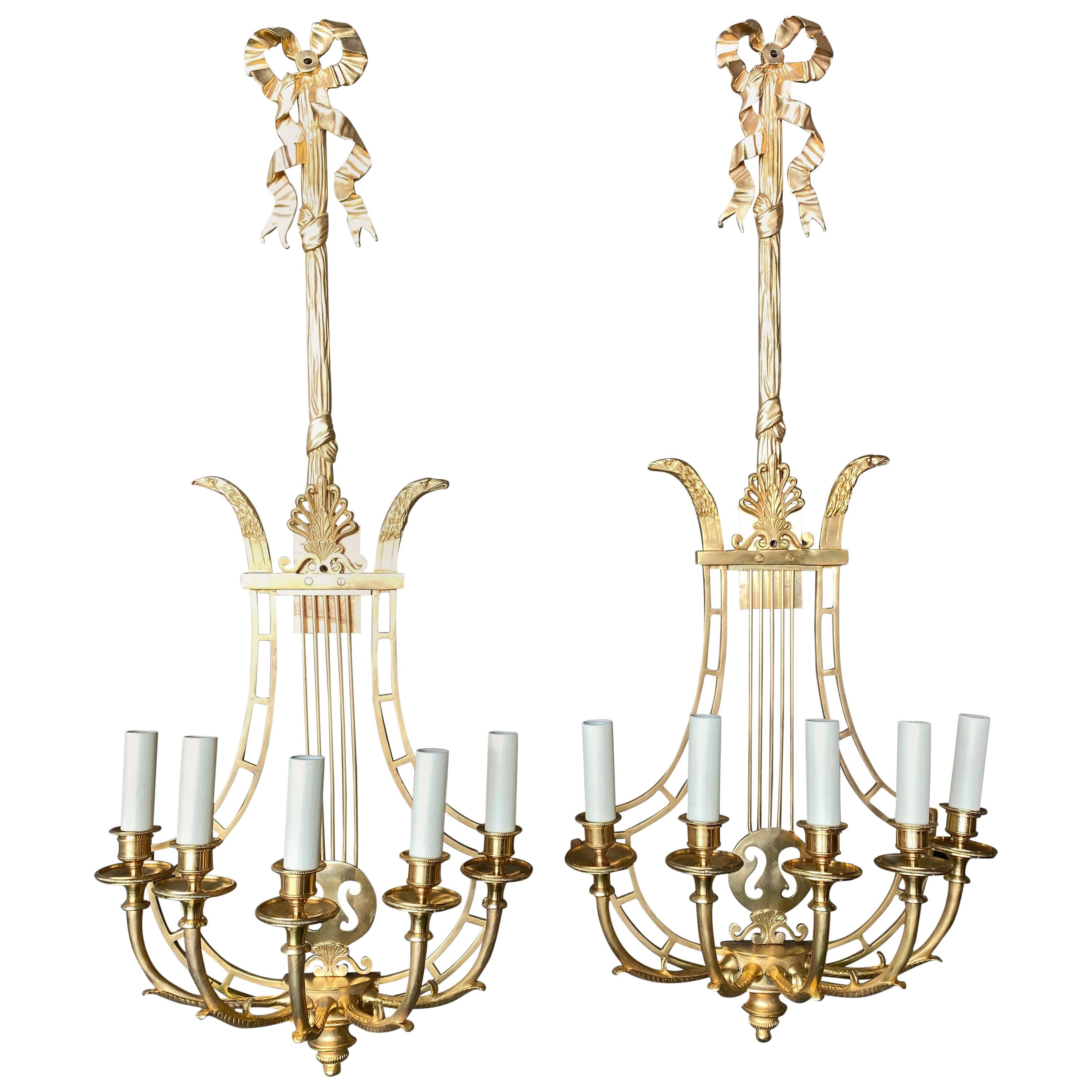 Empire Sconces, French Ormolu Wall Light Candelabras Lyre, 20th Century For Sale
