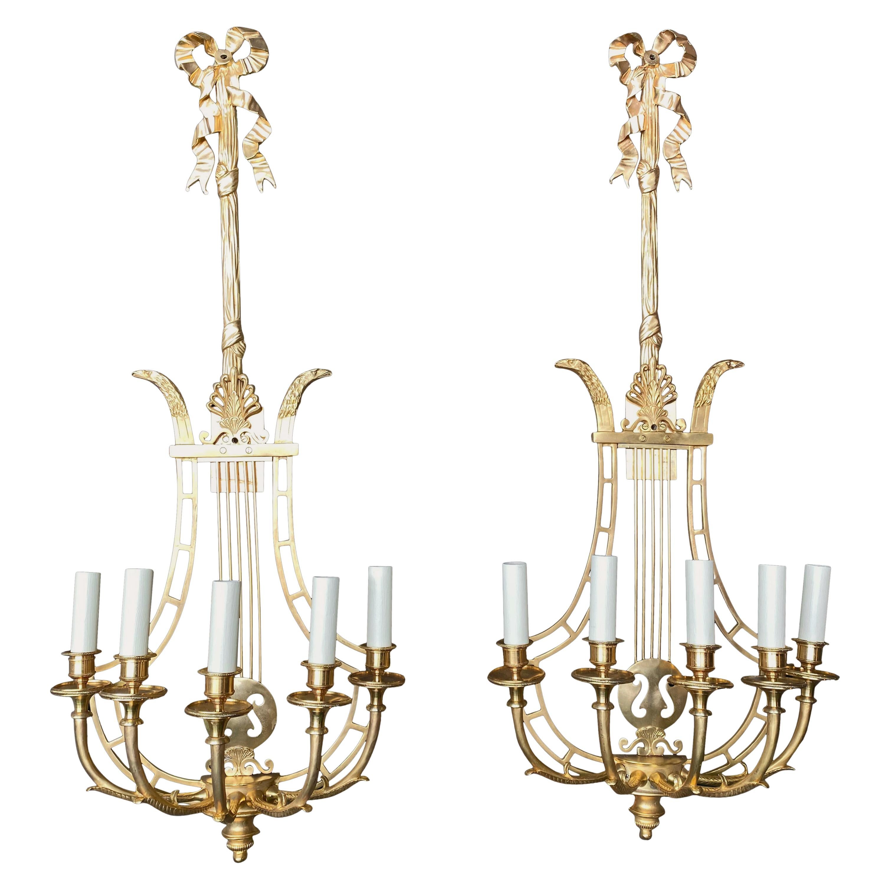 Empire Sconces, French Ormolu Wall Light Candelabras Lyre, 20th Century For Sale