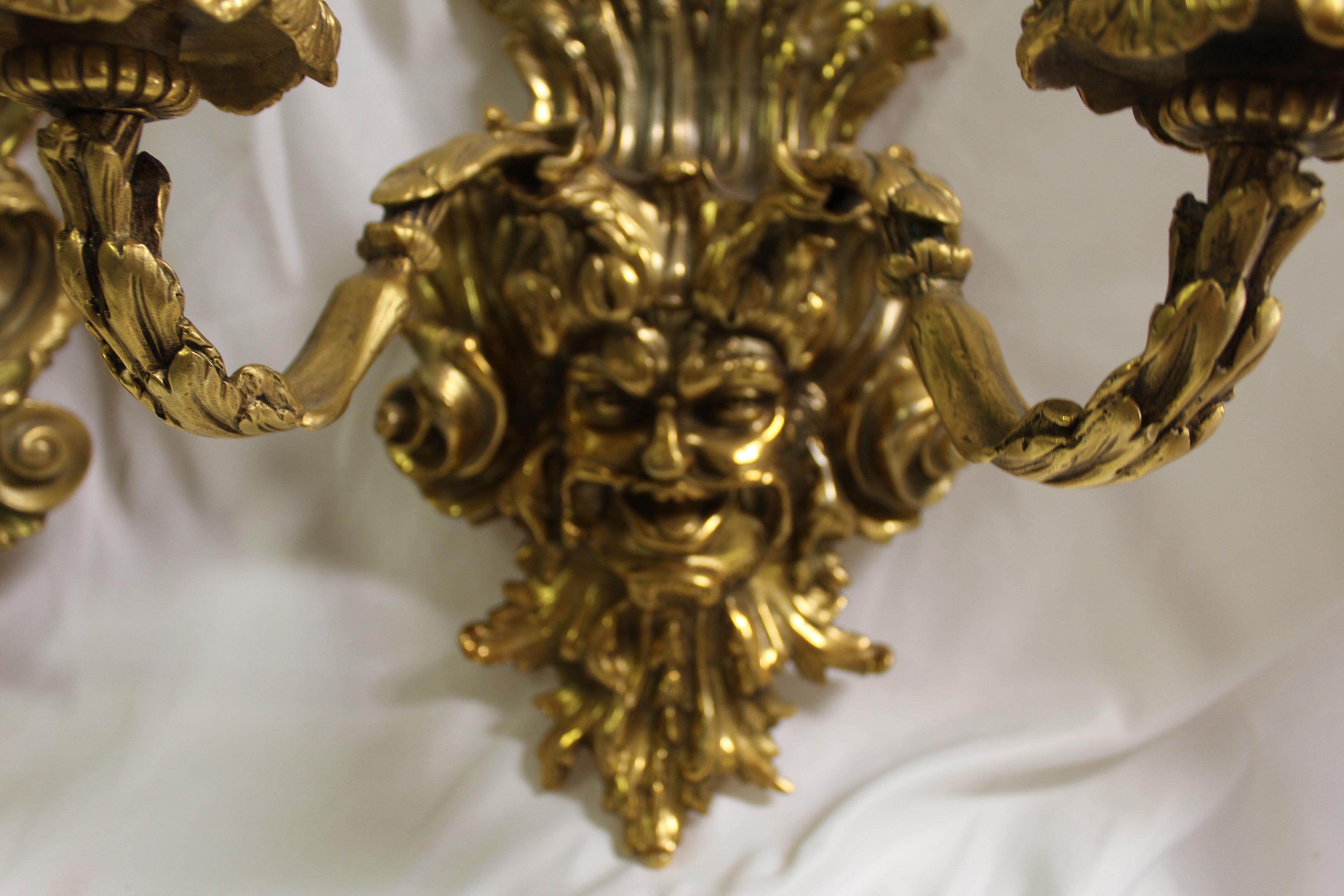 Empire Revival Empire Sconces W Grotesque Man's Face, Gold Finish, After Empire 2 Arms For Sale