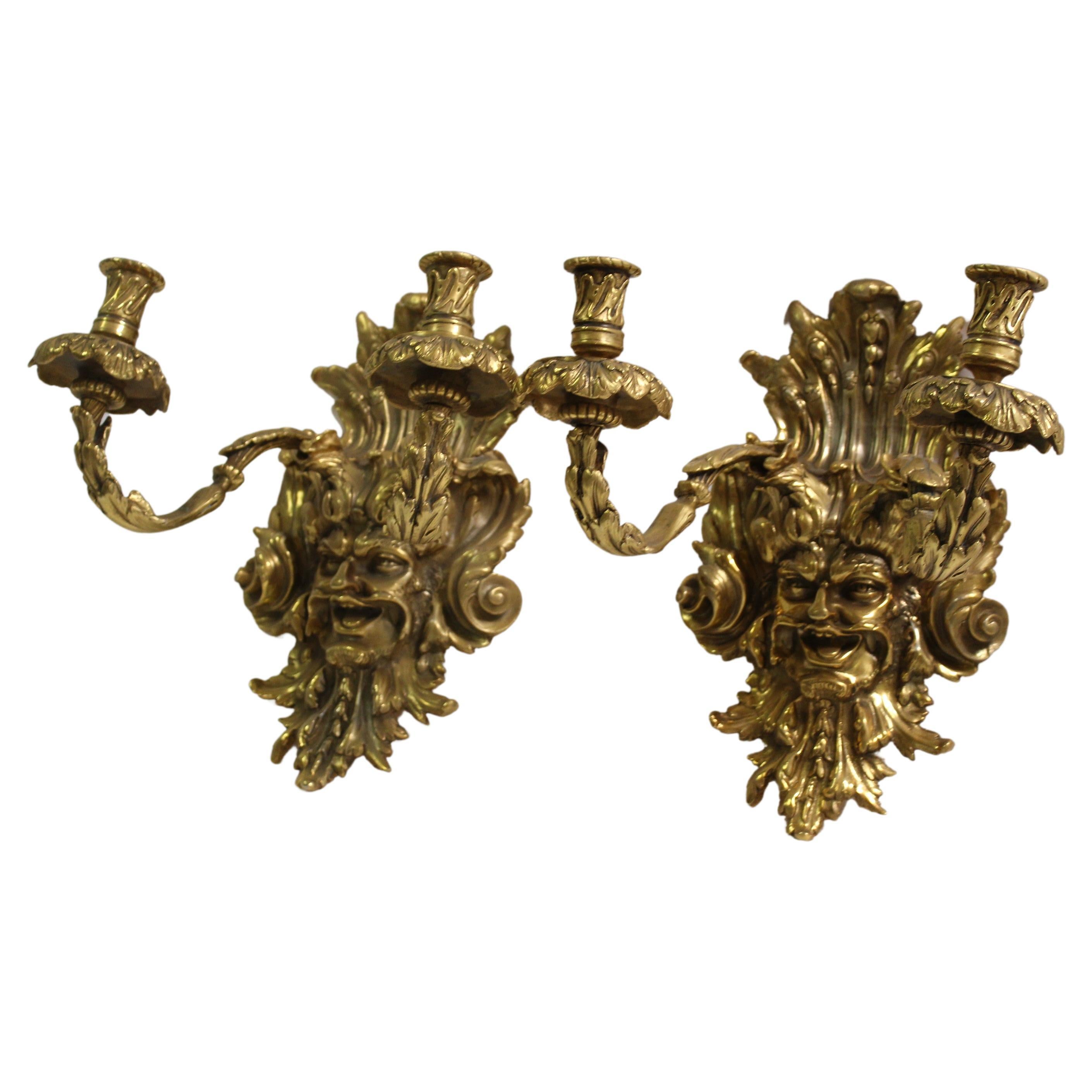 Empire Sconces W Grotesque Man's Face, Gold Finish, After Empire 2 Arms For Sale