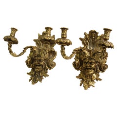 Vintage Empire Sconces W Grotesque Man's Face, Gold Finish, After Empire 2 Arms