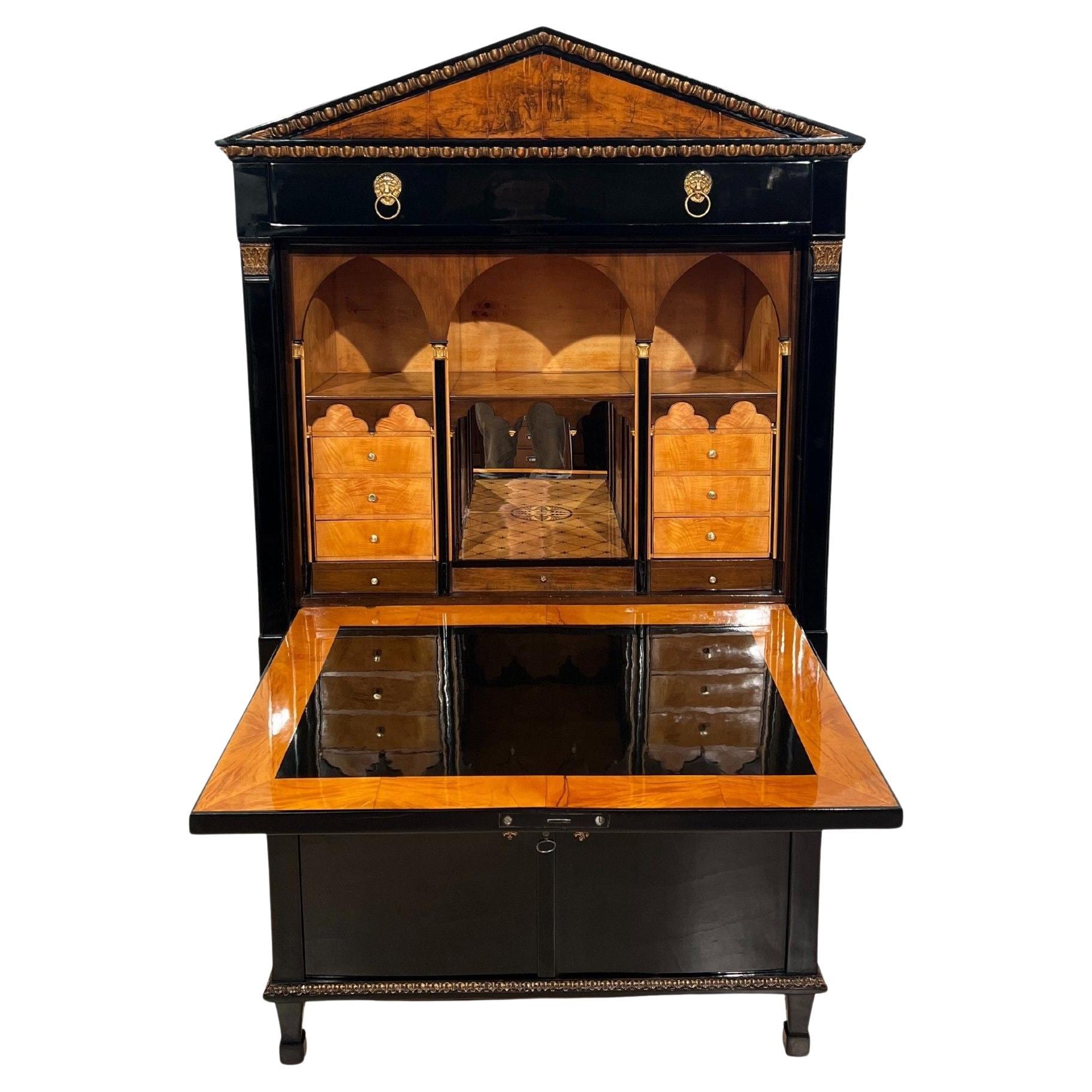 Empire Secretaire, Ebonized Wood, Maple, Ink Painting, Vienna circa 1815 For Sale