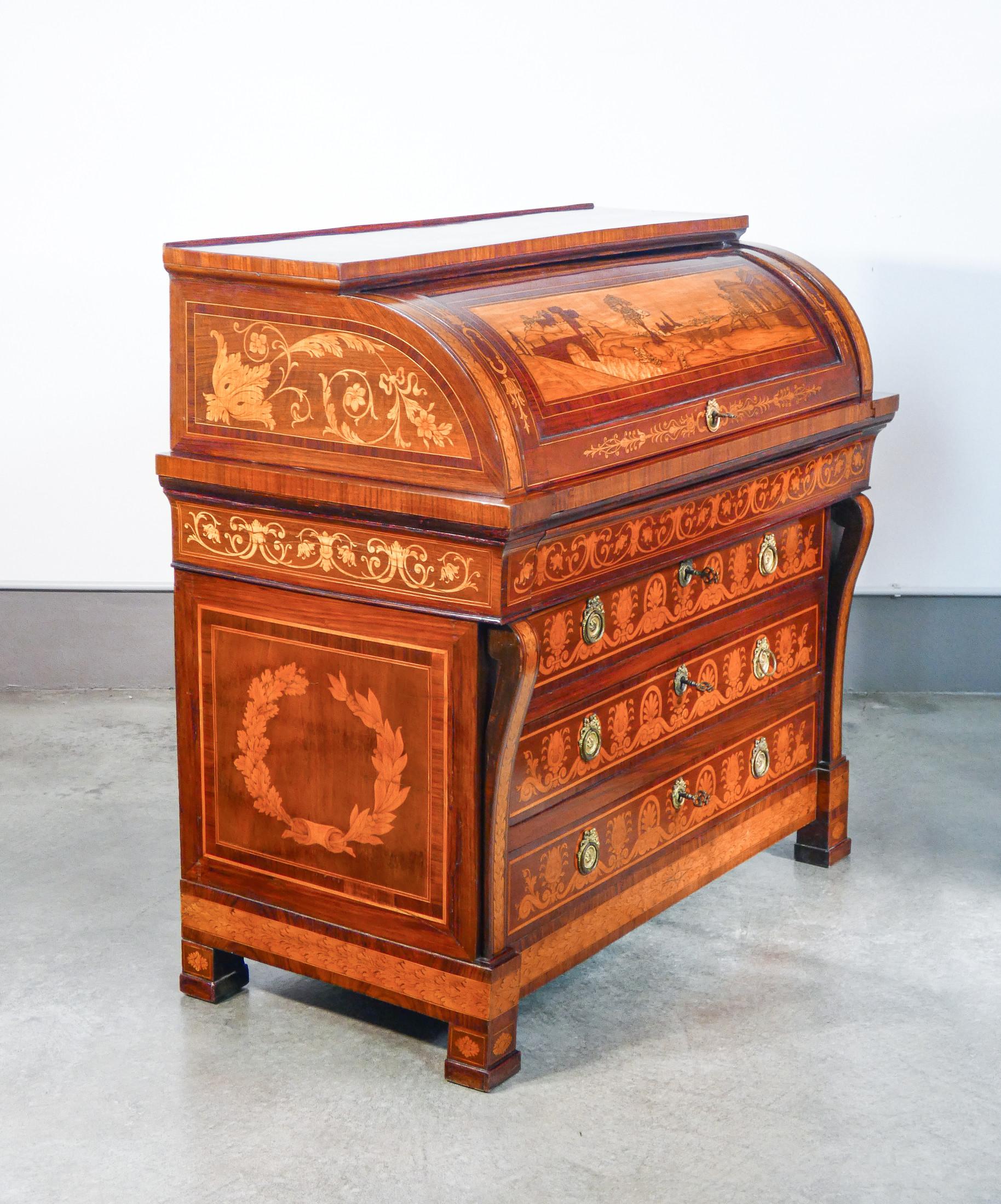 Empire Secretaire with Writing Desk, Richly Inlaid Wood. Italy Late 18th Century For Sale 5