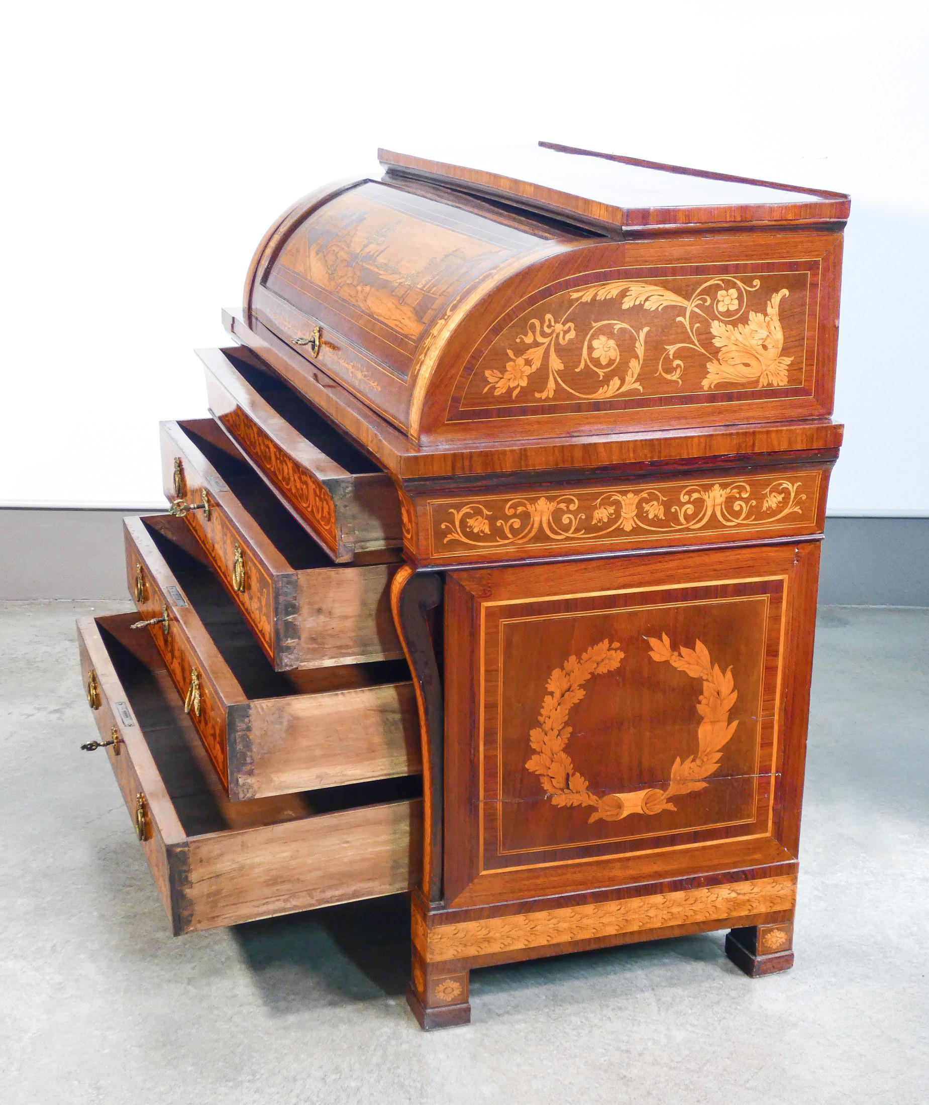 Empire Secretaire with Writing Desk, Richly Inlaid Wood. Italy Late 18th Century For Sale 6