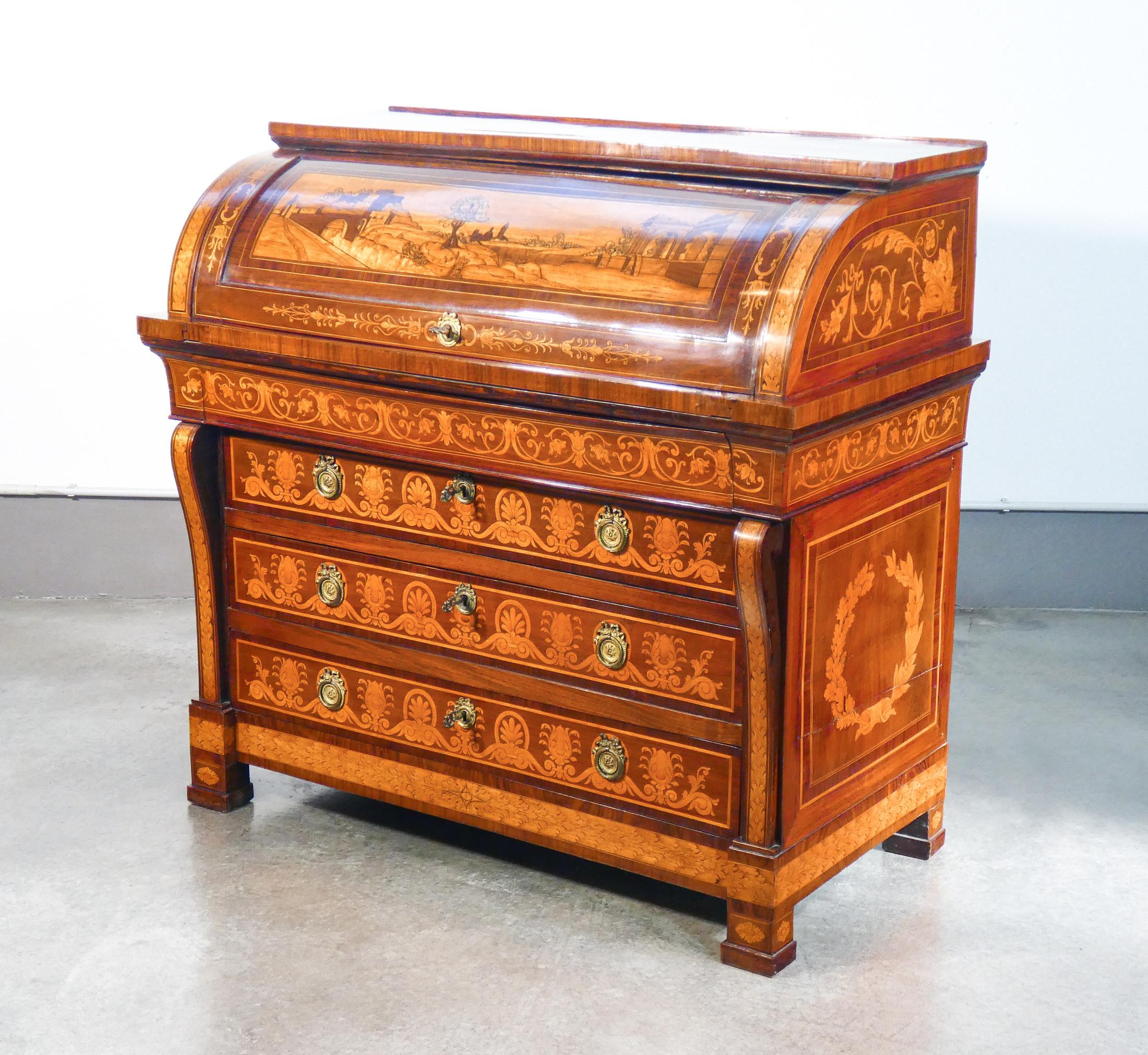 Italian Empire Secretaire with Writing Desk, Richly Inlaid Wood. Italy Late 18th Century For Sale