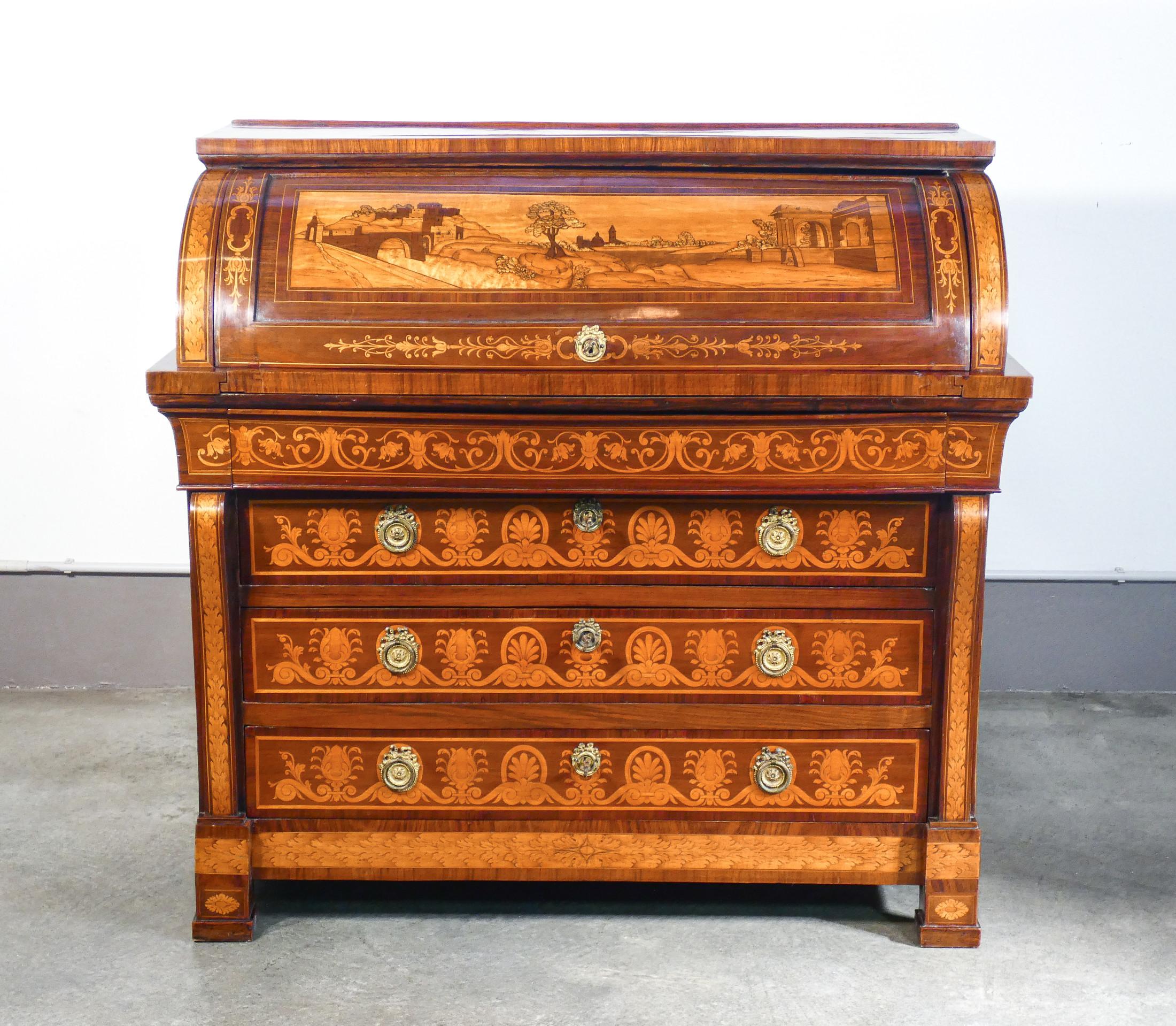 Inlay Empire Secretaire with Writing Desk, Richly Inlaid Wood. Italy Late 18th Century For Sale