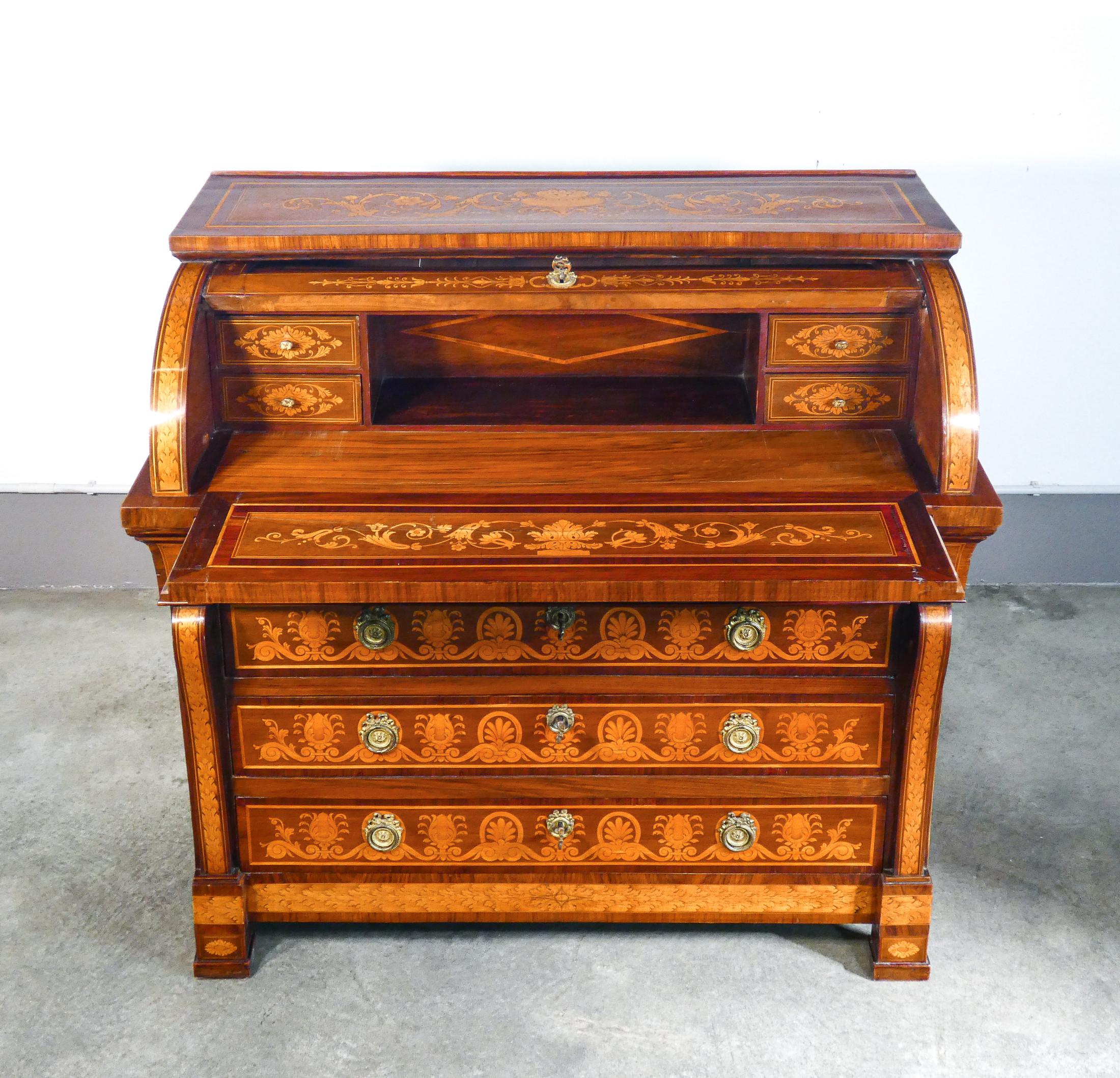 Empire Secretaire with Writing Desk, Richly Inlaid Wood. Italy Late 18th Century For Sale 1