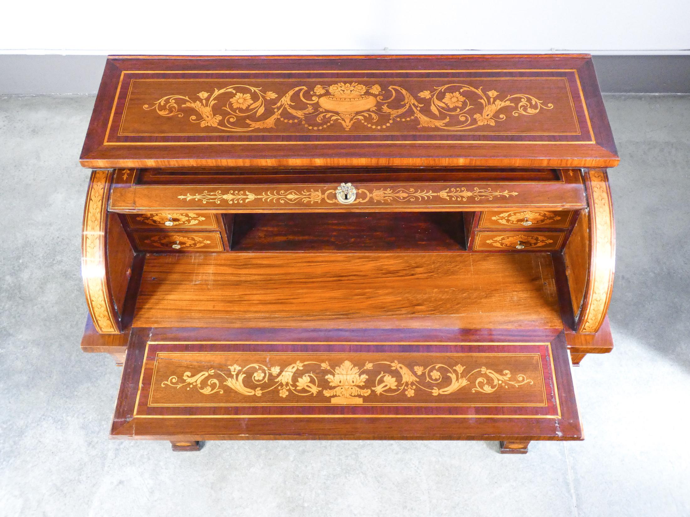 Empire Secretaire with Writing Desk, Richly Inlaid Wood. Italy Late 18th Century For Sale 2