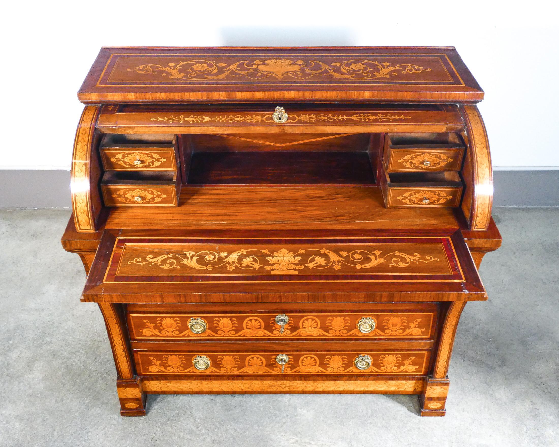 Empire Secretaire with Writing Desk, Richly Inlaid Wood. Italy Late 18th Century For Sale 3