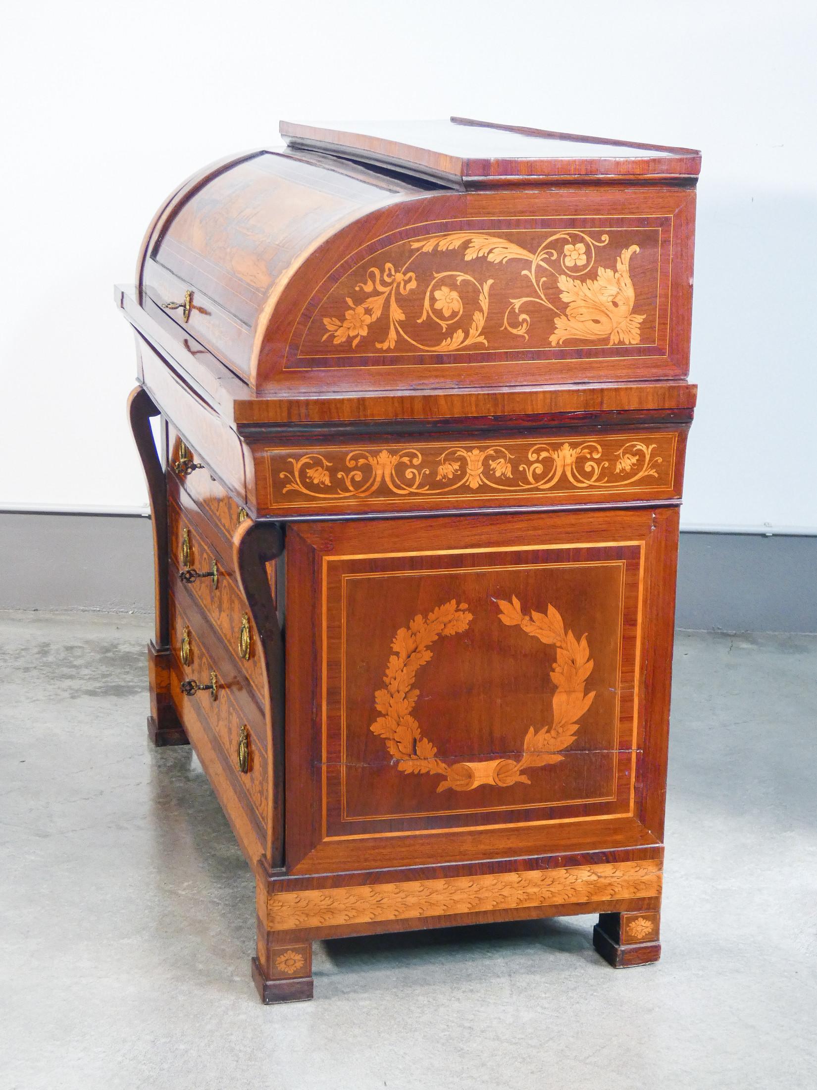 Empire Secretaire with Writing Desk, Richly Inlaid Wood. Italy Late 18th Century For Sale 4