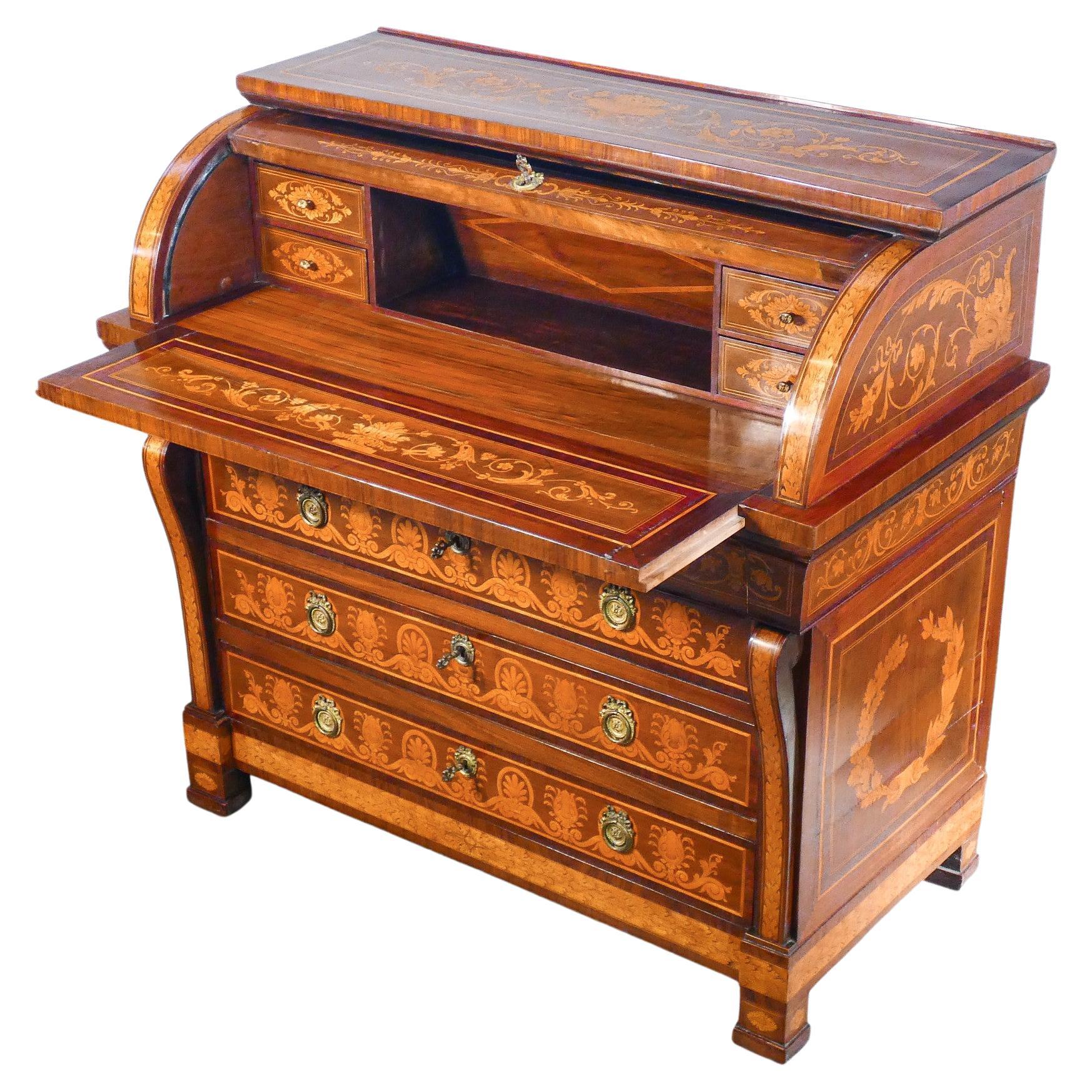 Empire Secretaire with Writing Desk, Richly Inlaid Wood. Italy Late 18th Century For Sale