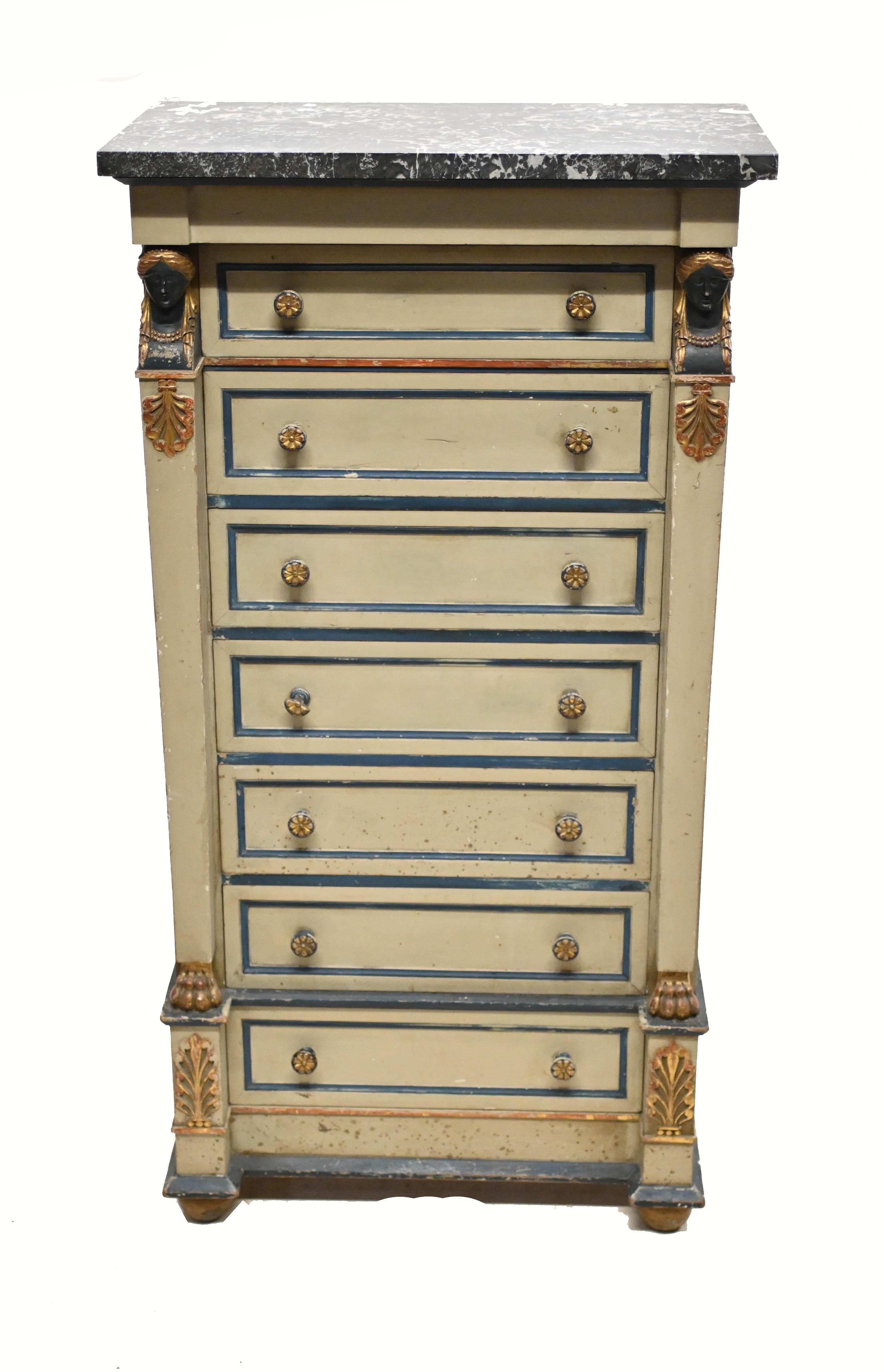 Empire Semainier Chest of Drawers Painted Tall Boy 1880 In Good Condition In Potters Bar, GB