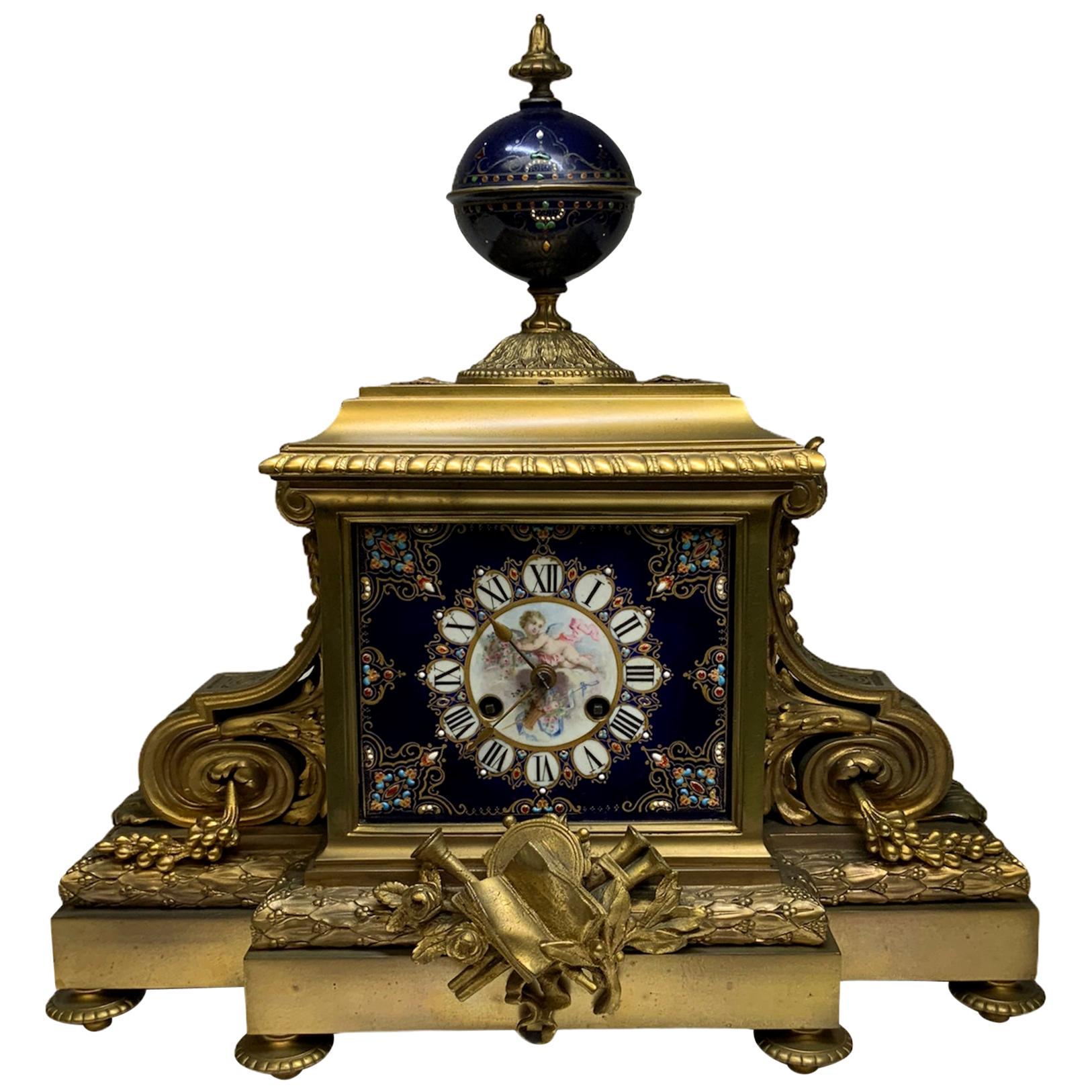 Empire Sevres Style Porcelain Bronze Mounted Mantel Picard Clock For Sale