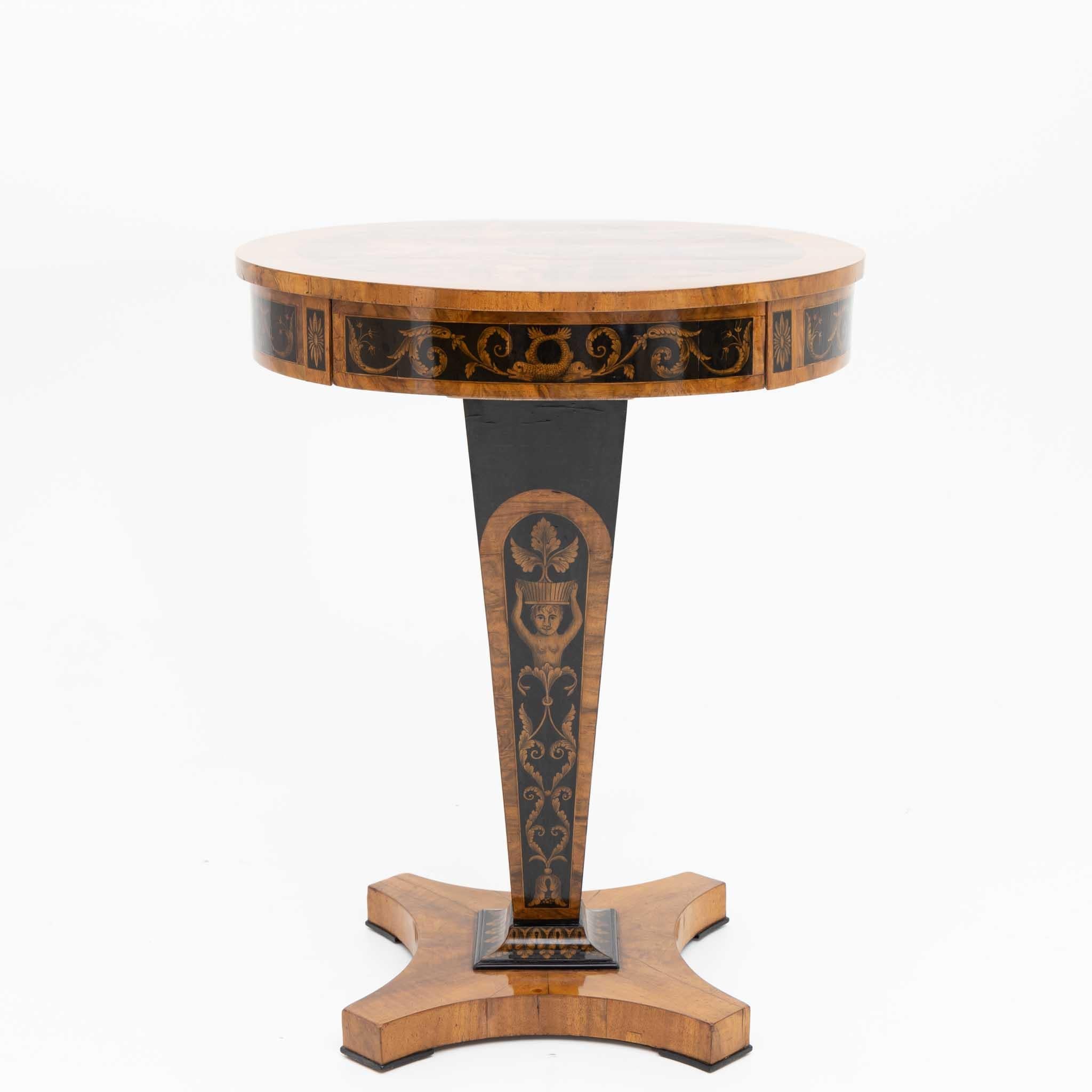 Empire Side Table with Black Ink Painting and a Drawer, Early 19th Century 4