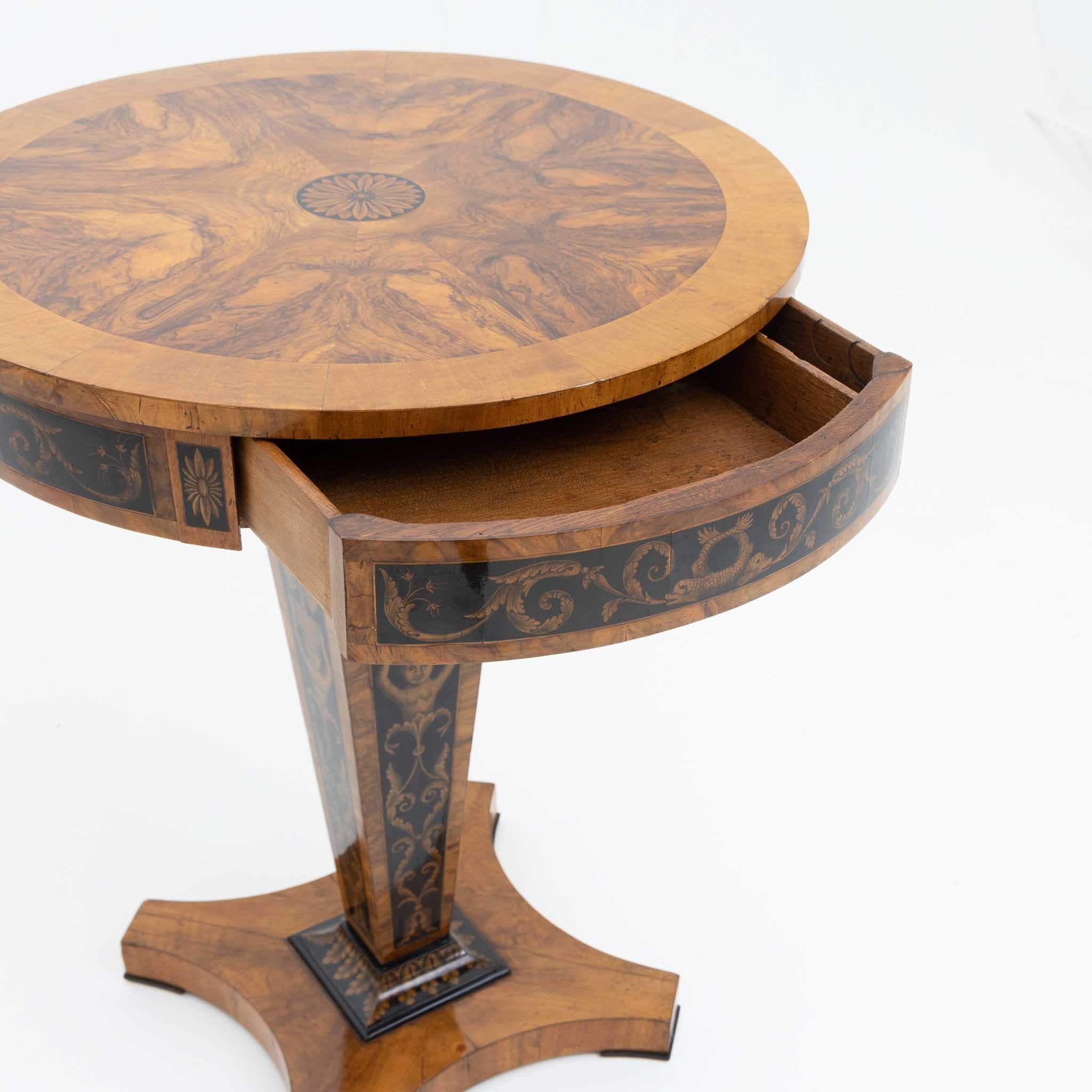 Walnut Empire Side Table with Black Ink Painting and a Drawer, Early 19th Century