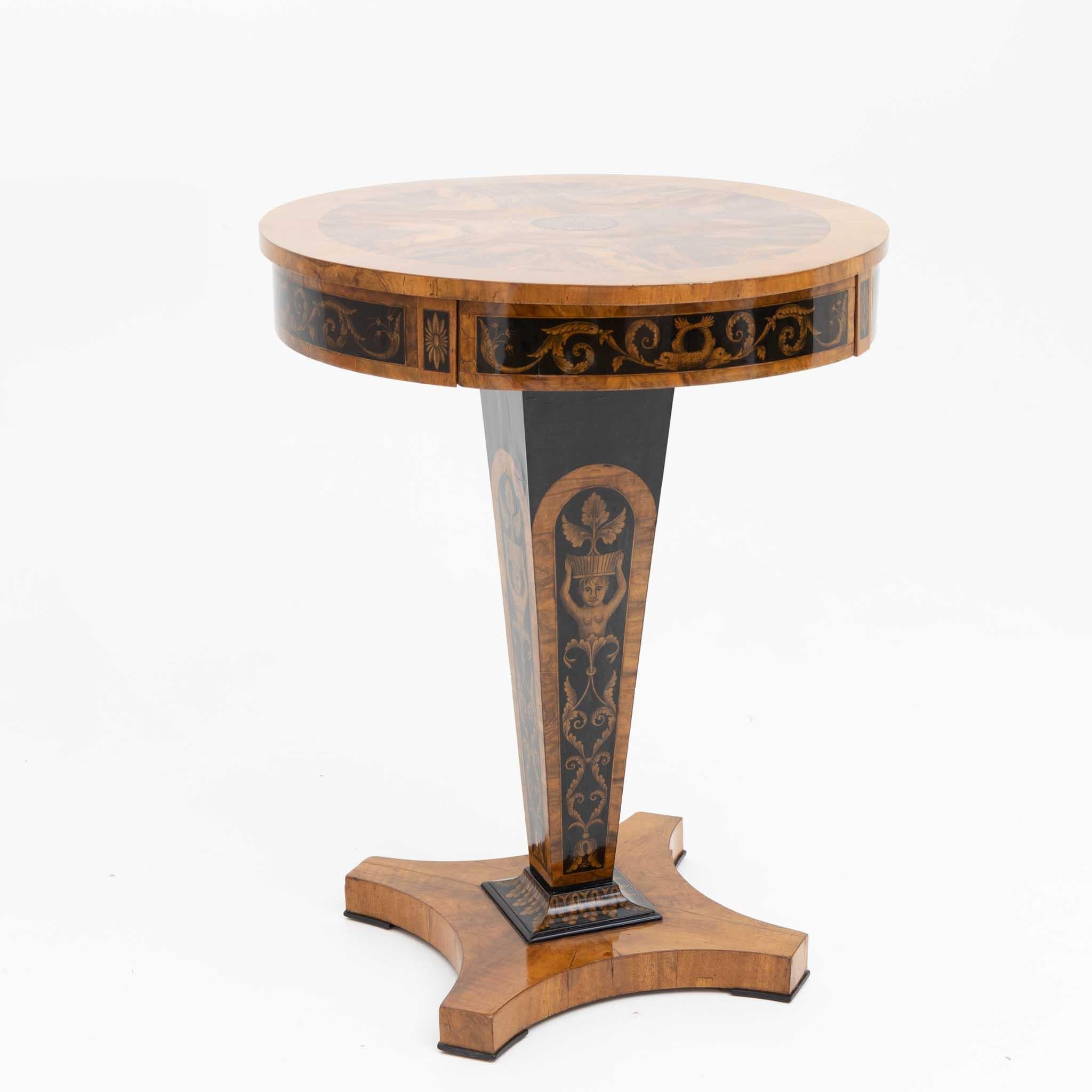 Empire Side Table with Black Ink Painting and a Drawer, Early 19th Century 3