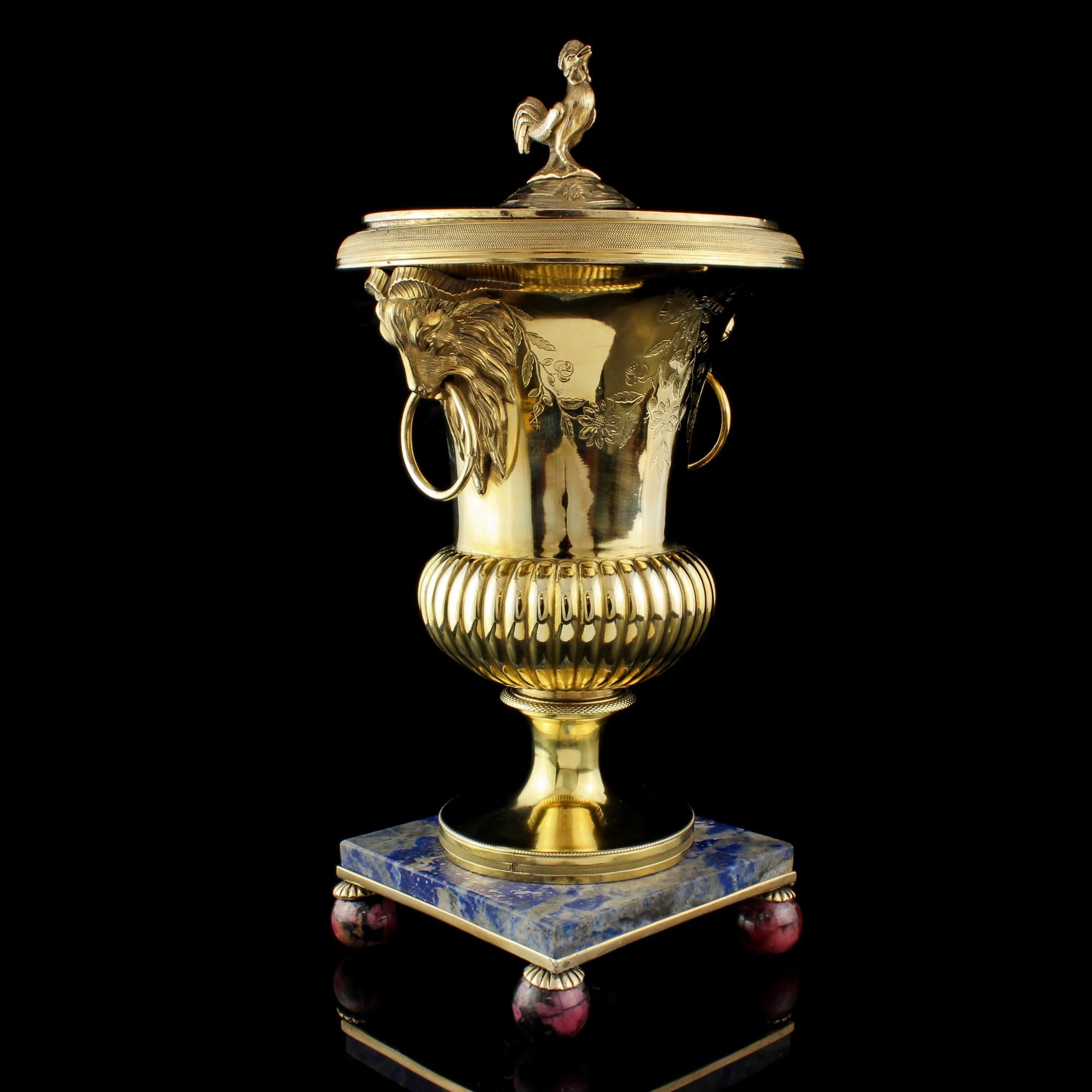 French Empire Silver-Gilt Vase and Cover with Rooster Lid, France, 1798-1809 For Sale