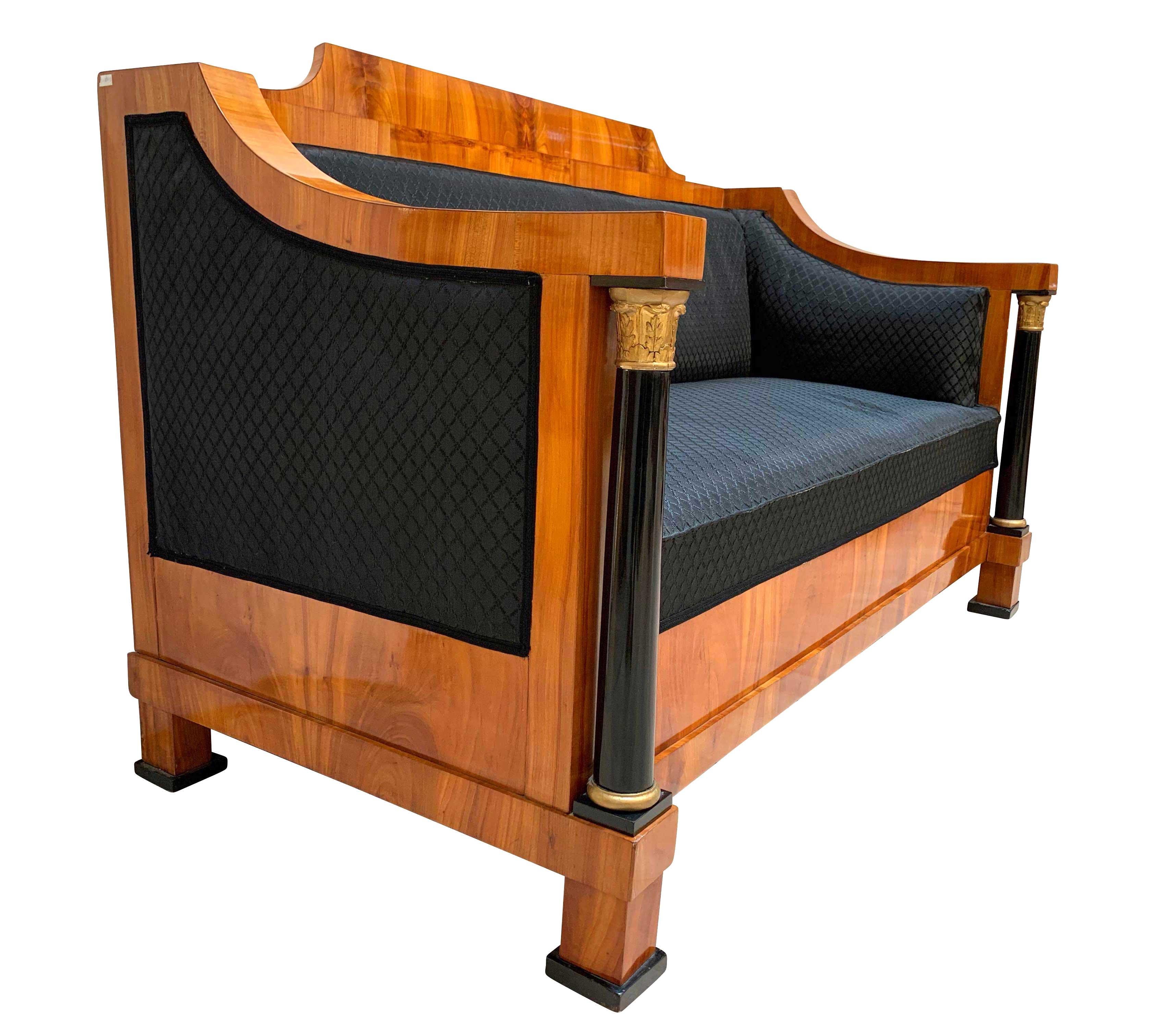 Biedermeier Empire Sofa, Cherry Veneer, Full Columns, Horse Hair, Germany circa 1815
