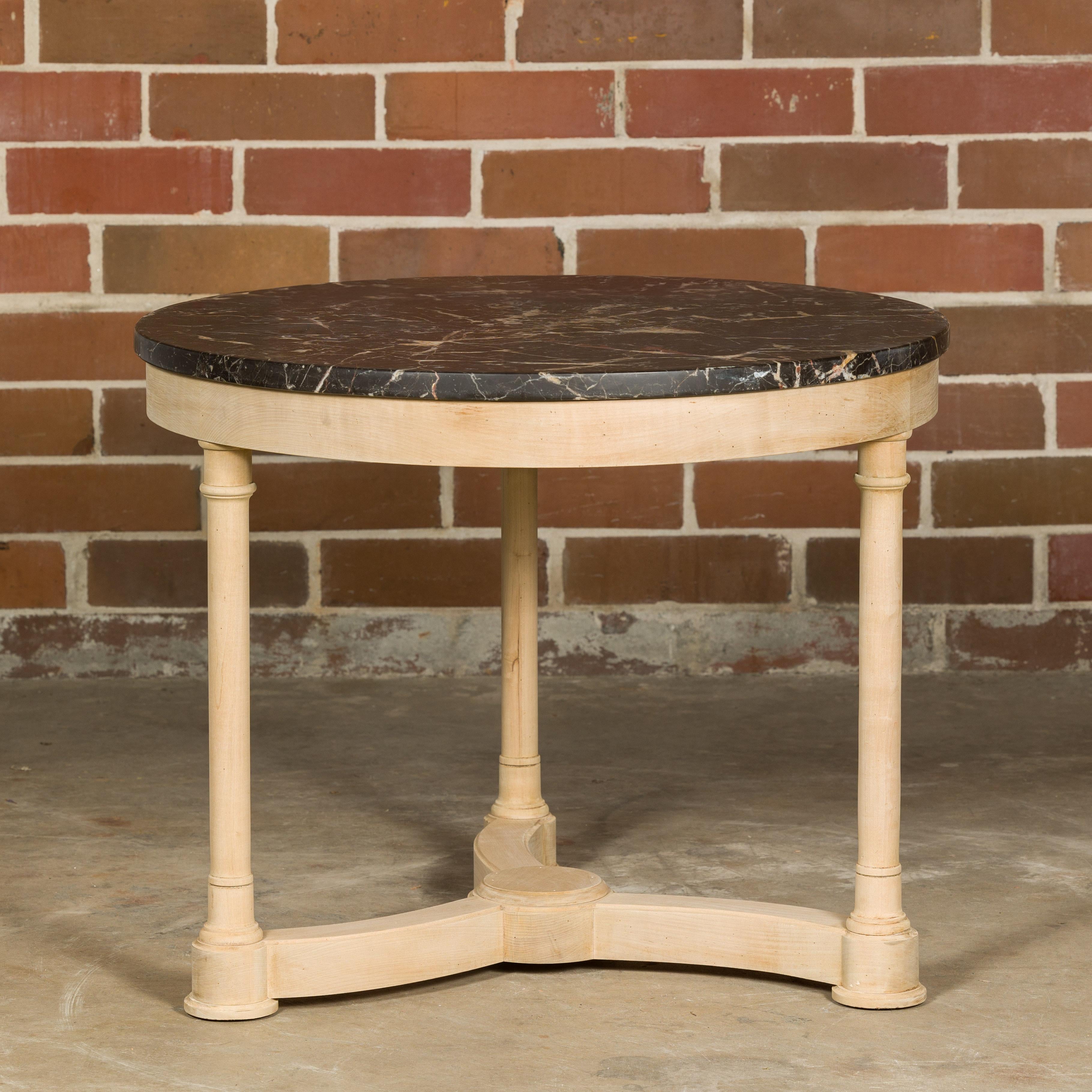 Bleached Empire Style 19th Century French Walnut Table with Black Marble Top and Columns