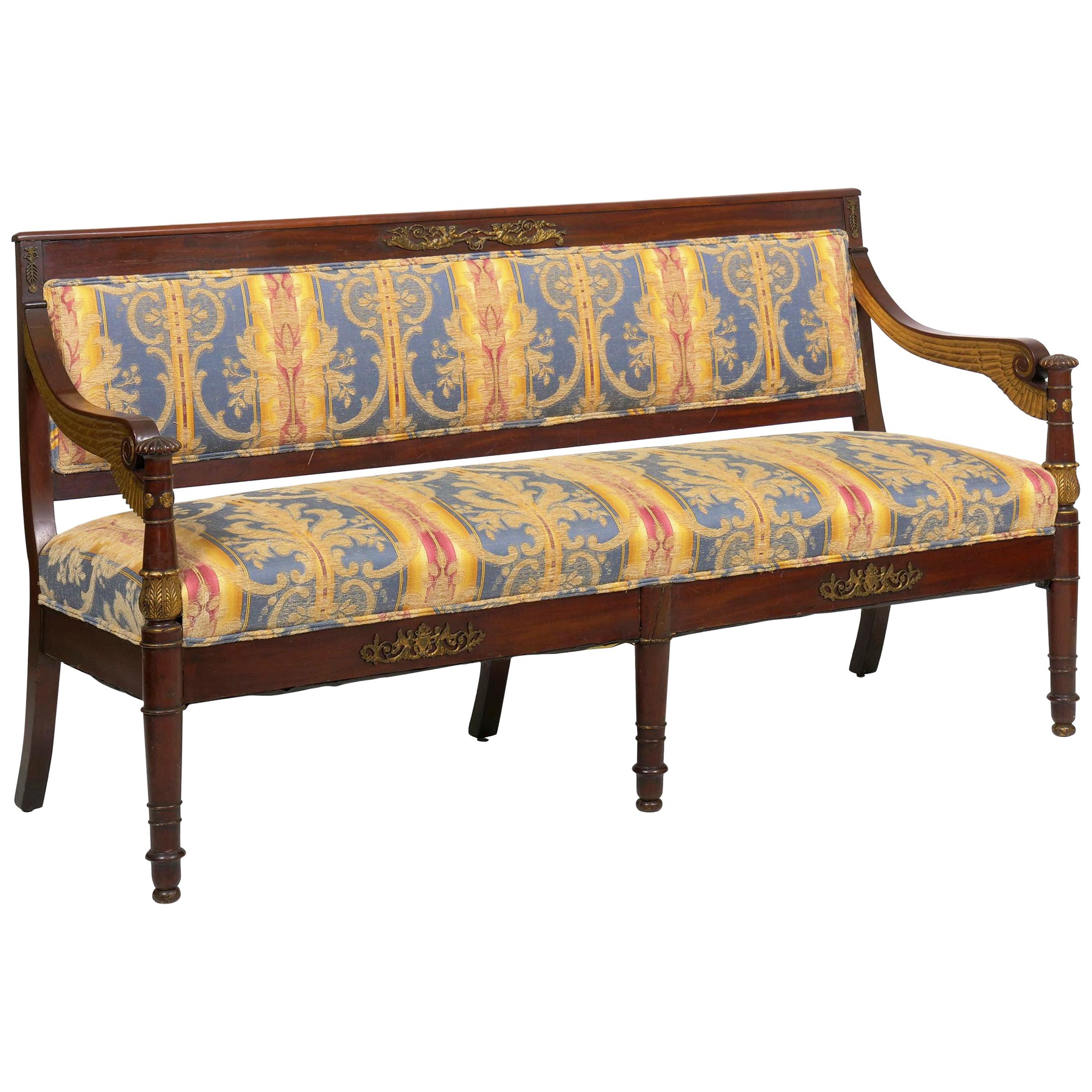 Empire Style Antique Mahogany Winged Sofa Settee, Early 20th Century