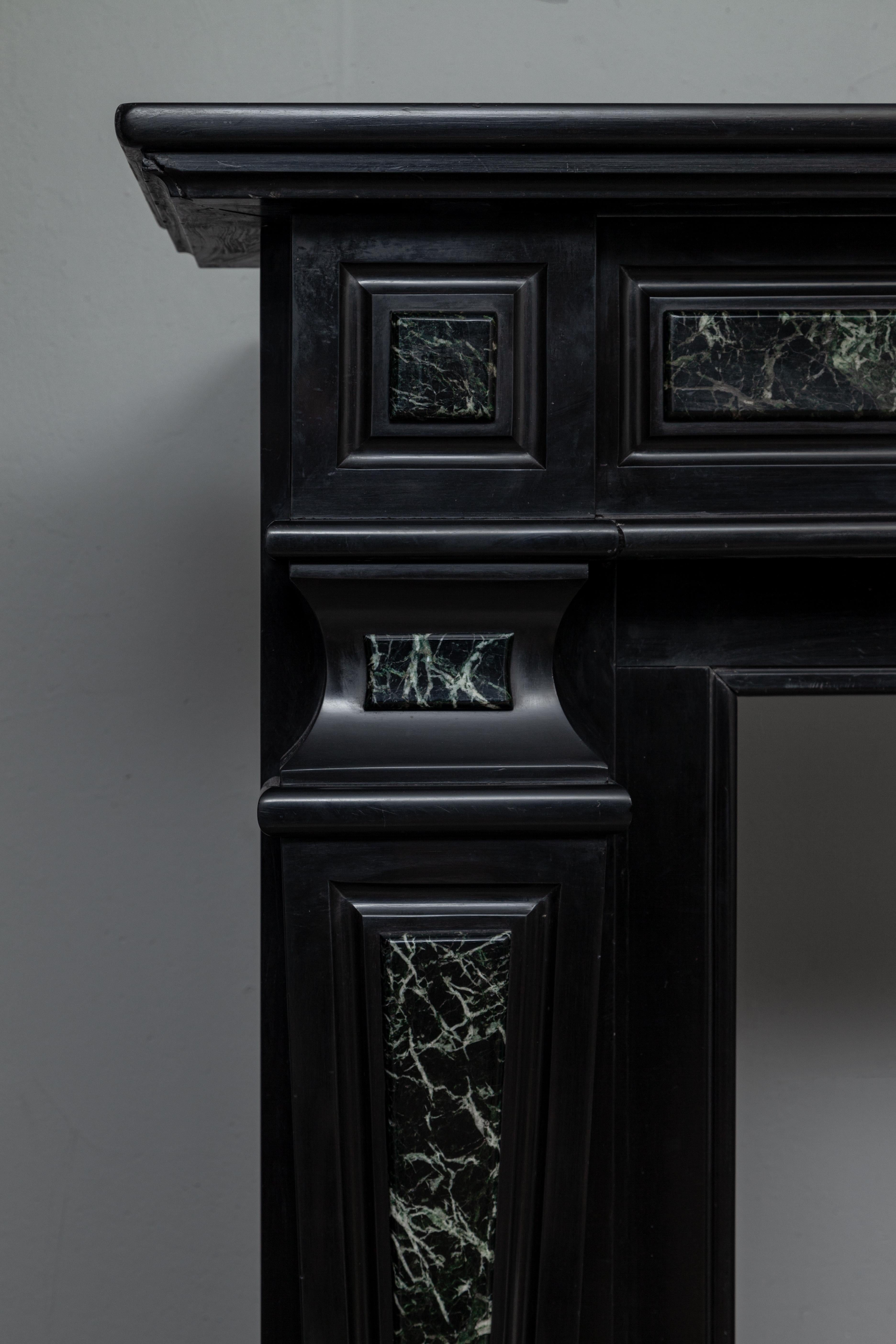Belgian Empire-Style Antique Noir de Mazy with Marble Verde Circulation Fireplace For Sale