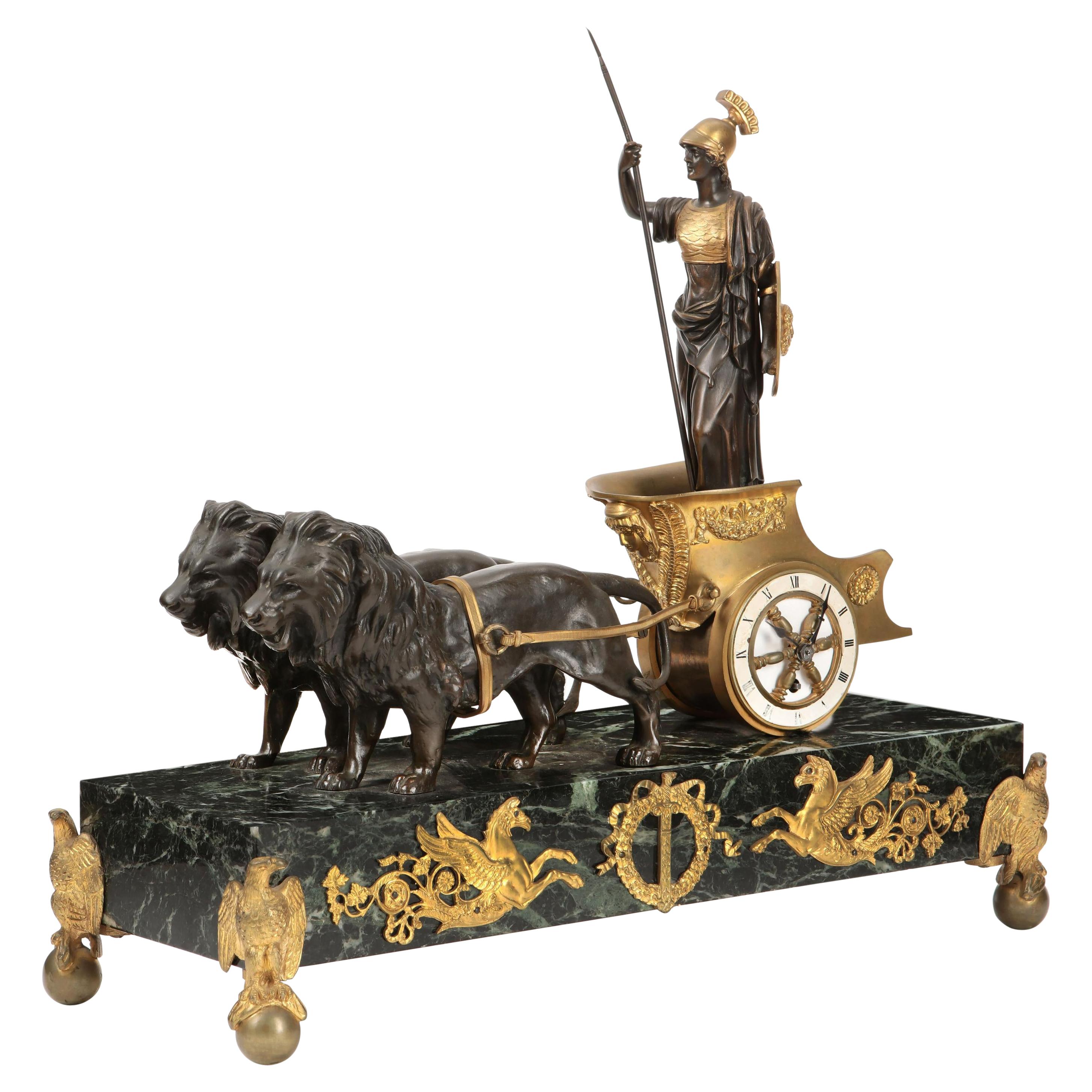 Empire Style Athena in Lion Chariot Clock, 19th Century