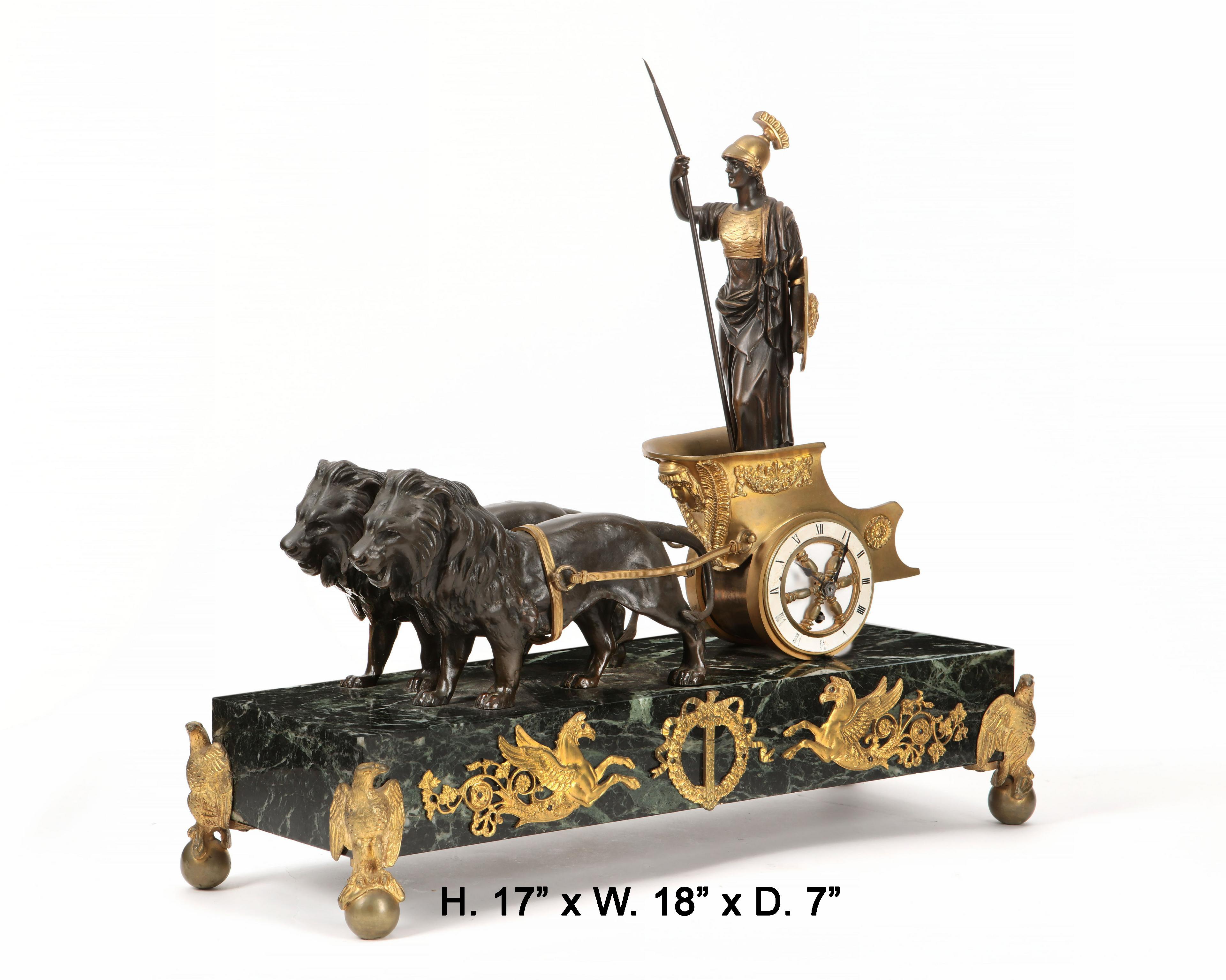 Exquisite Empire style ormolu and patinated bronze mantel clock,late 19th century.
 Surmounted by Athena in a chariot being lead by a pair of lions, meticulous attention has been given to every details, resting on a beautiful green marble