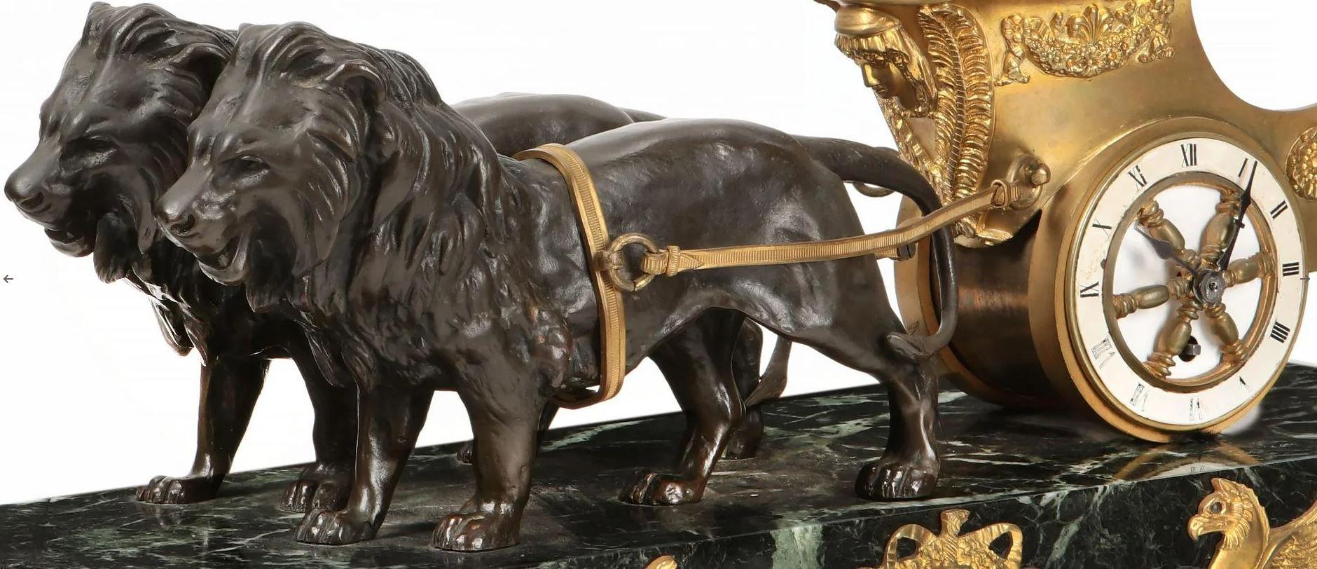 French Empire Style Athena in Lion Chariot Clock, 19th Century