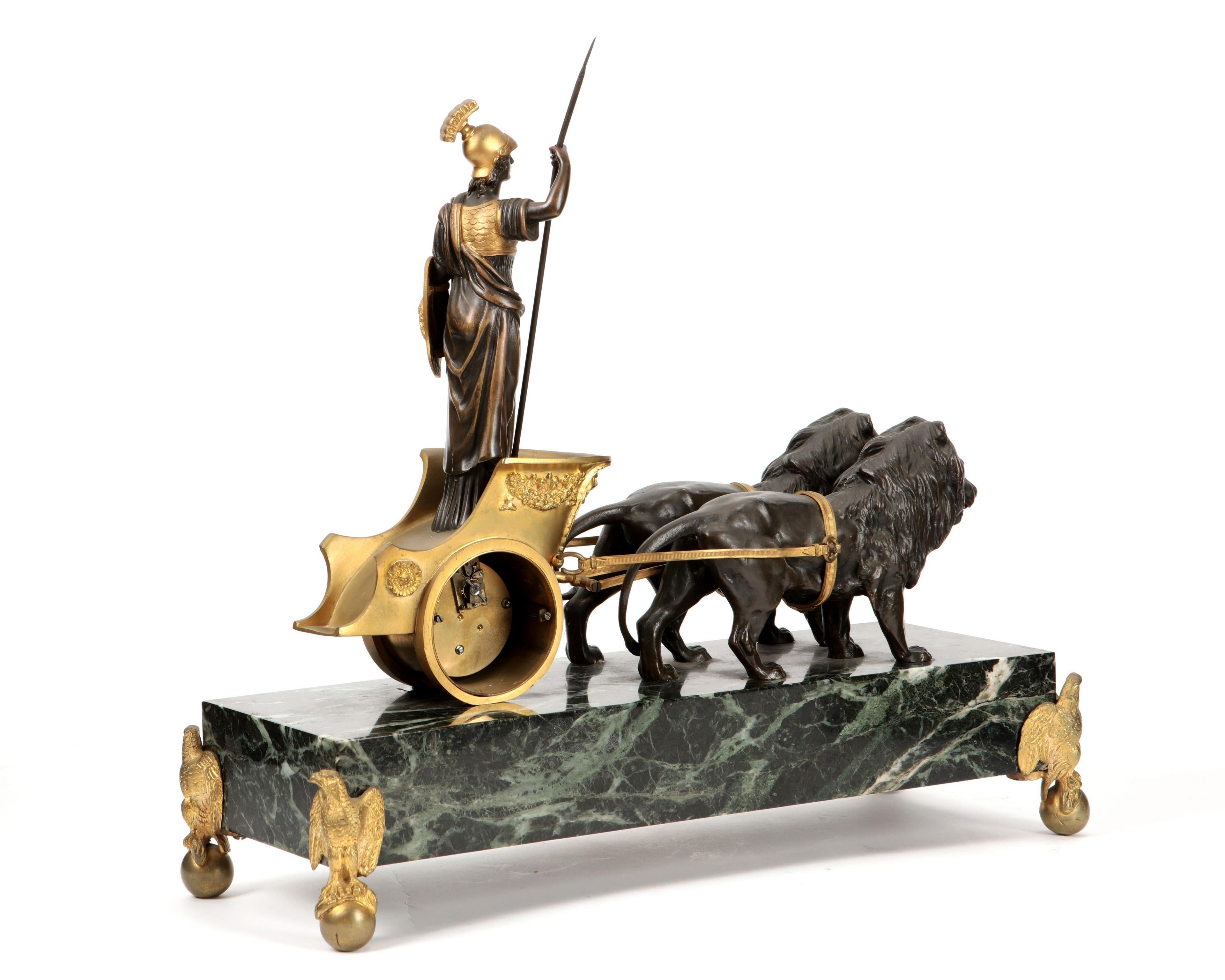 Gilt Empire Style Athena in Lion Chariot Clock, 19th Century