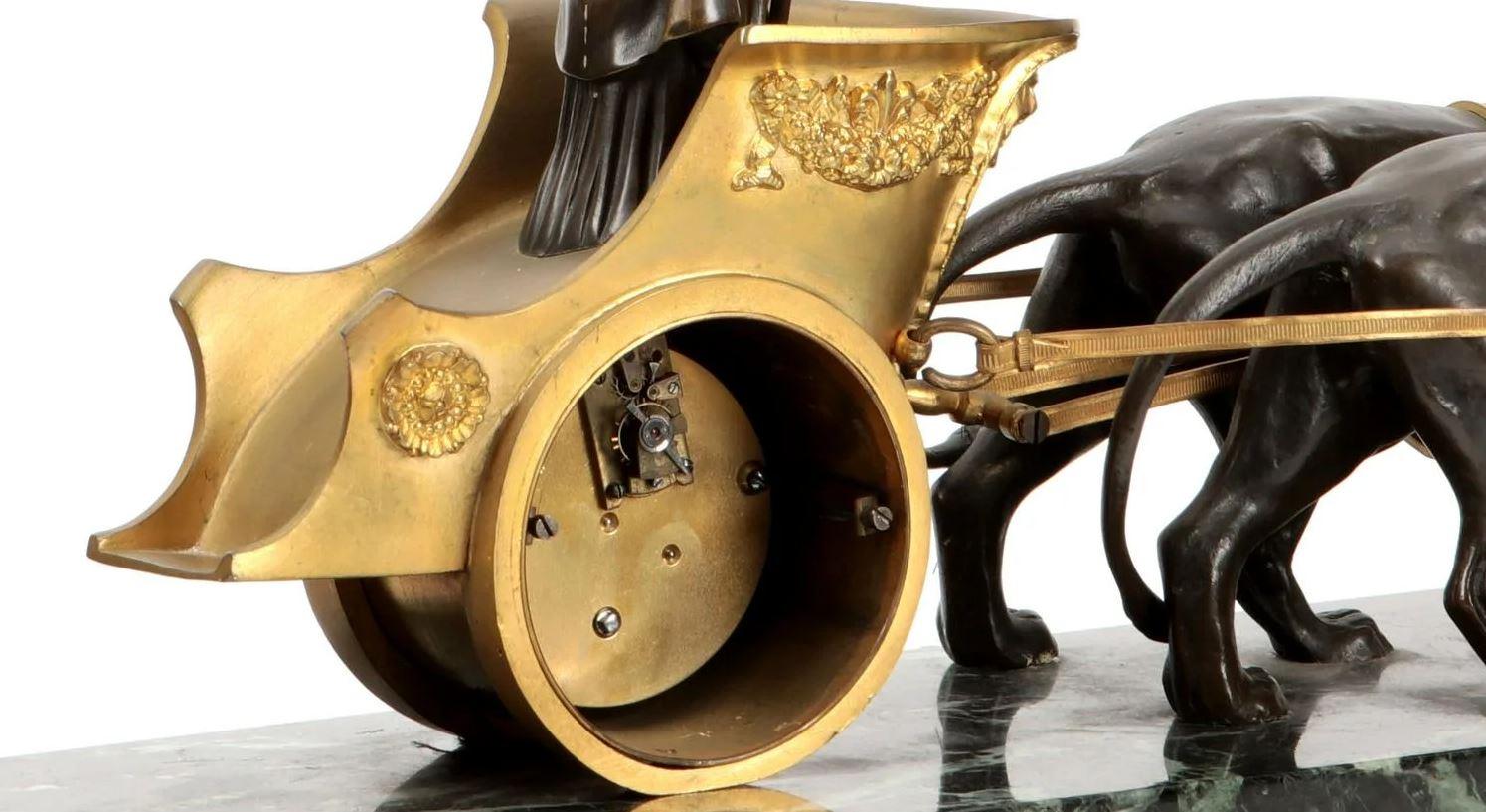 Bronze Empire Style Athena in Lion Chariot Clock, 19th Century