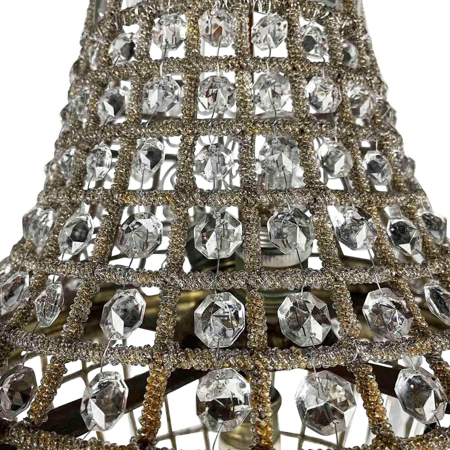 Czech Empire Style Beaded Crystal Basket Chandelier, Late 20th Century For Sale