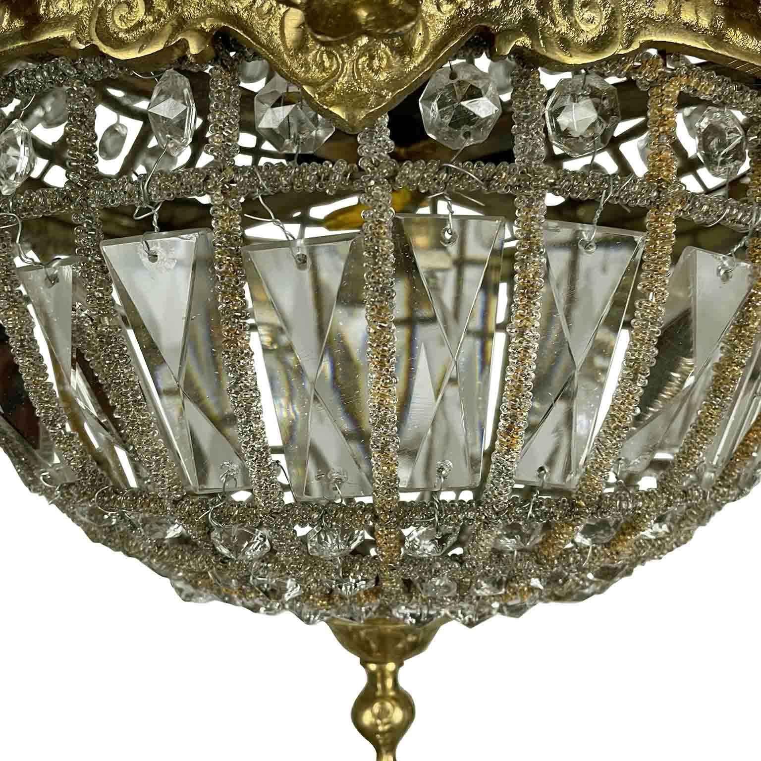 Faceted Empire Style Beaded Crystal Basket Chandelier, Late 20th Century For Sale