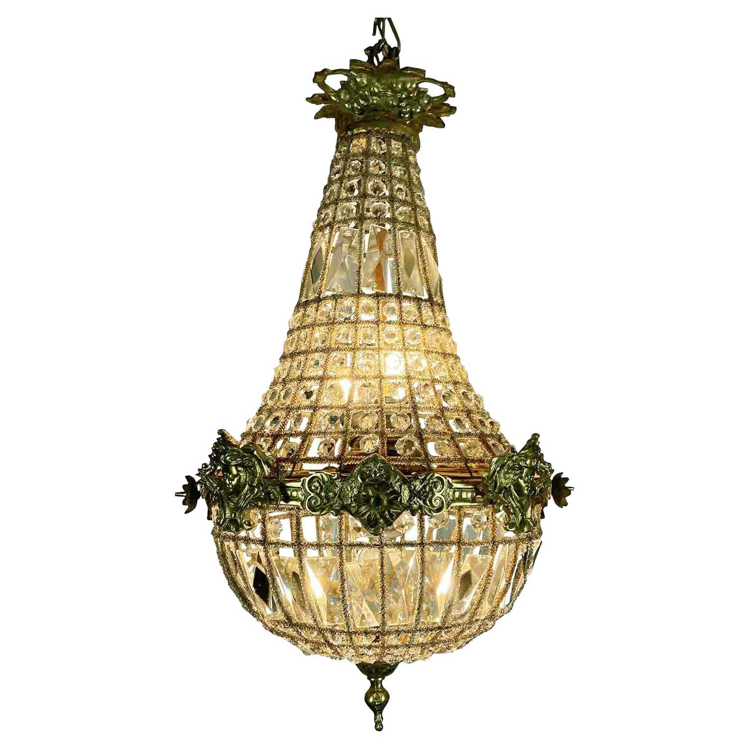 Empire Style Beaded Crystal Basket Chandelier, Late 20th Century