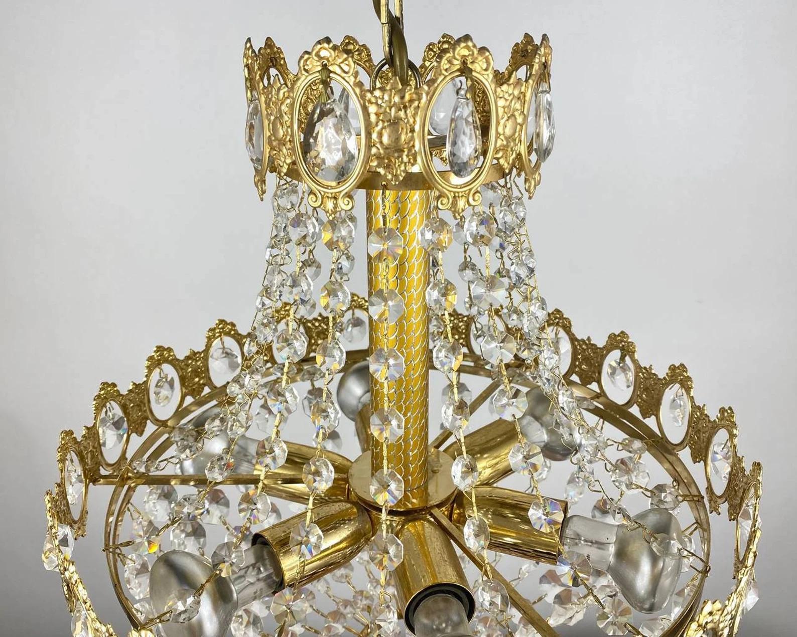 Empire Style Belgian Gilt Metal and Glass 6-Light Chandelier, 1970s In Excellent Condition For Sale In Bastogne, BE