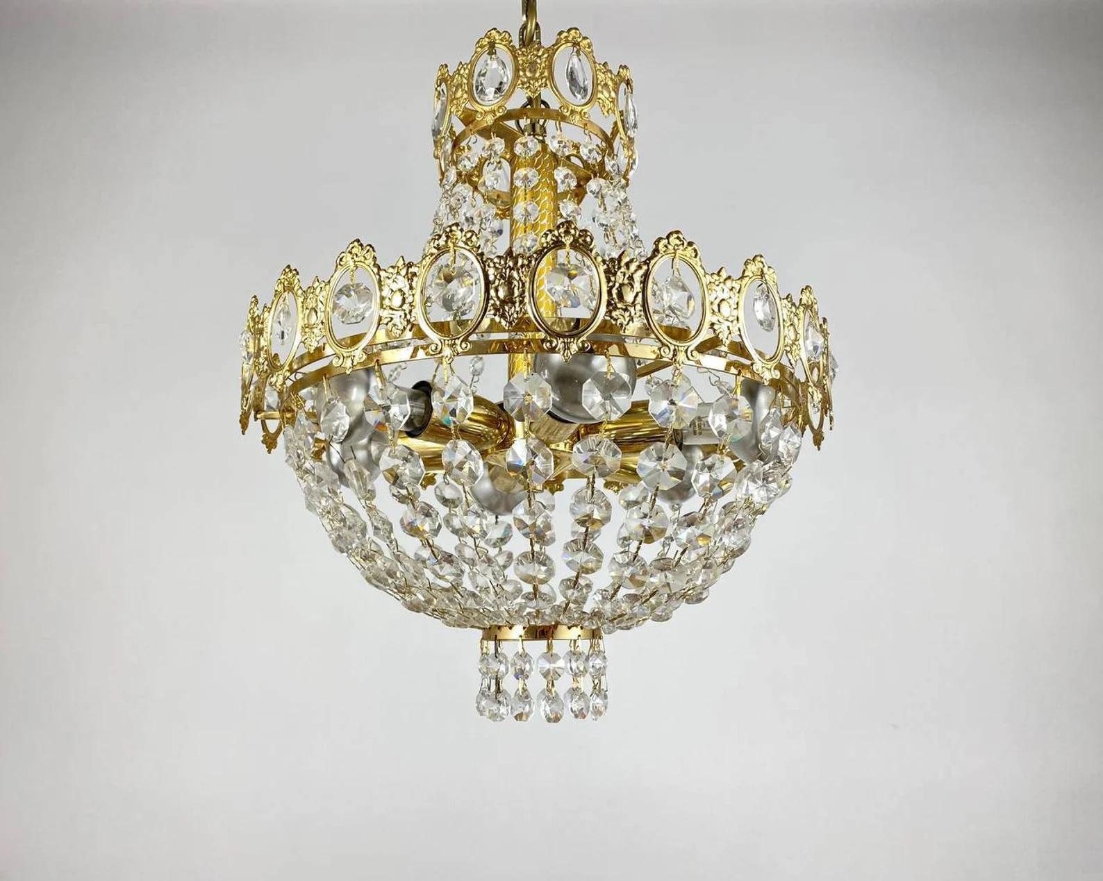 Empire Style Belgian Gilt Metal and Glass 6-Light Chandelier, 1970s For Sale 1