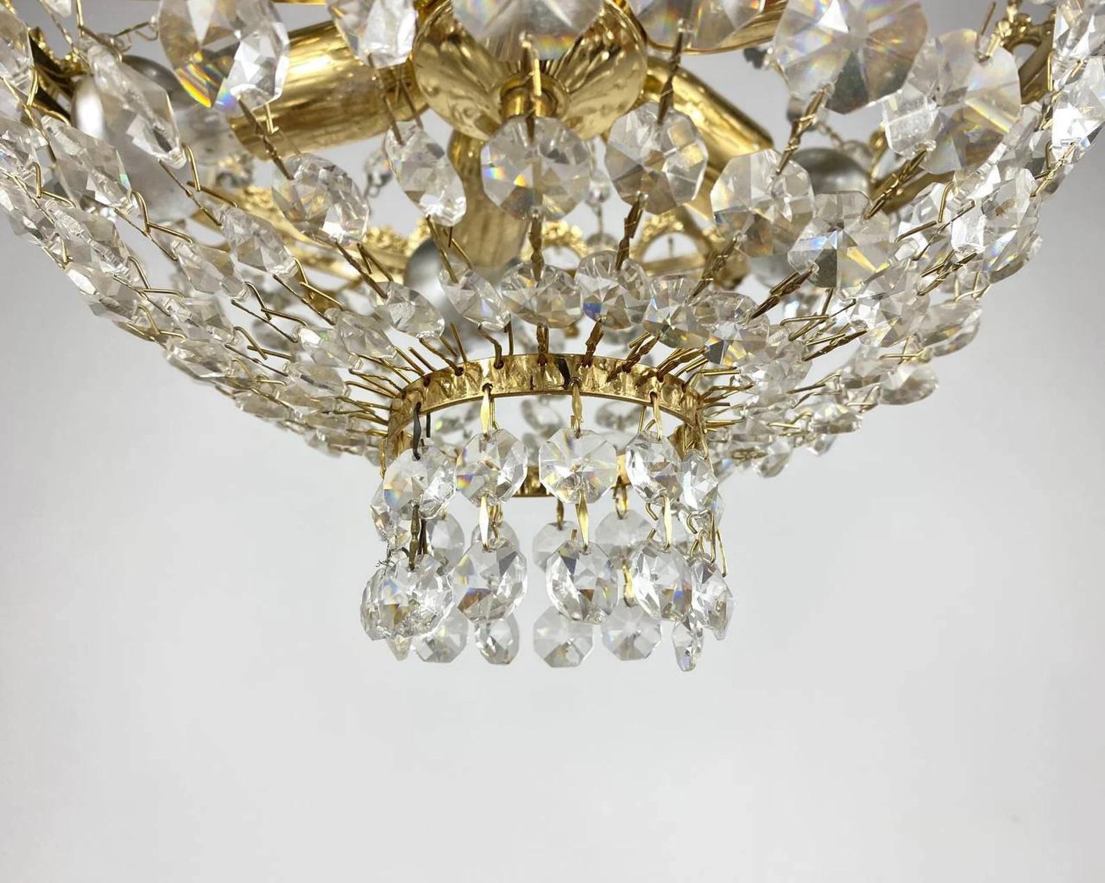 Empire Style Belgian Gilt Metal and Glass 6-Light Chandelier, 1970s For Sale 2