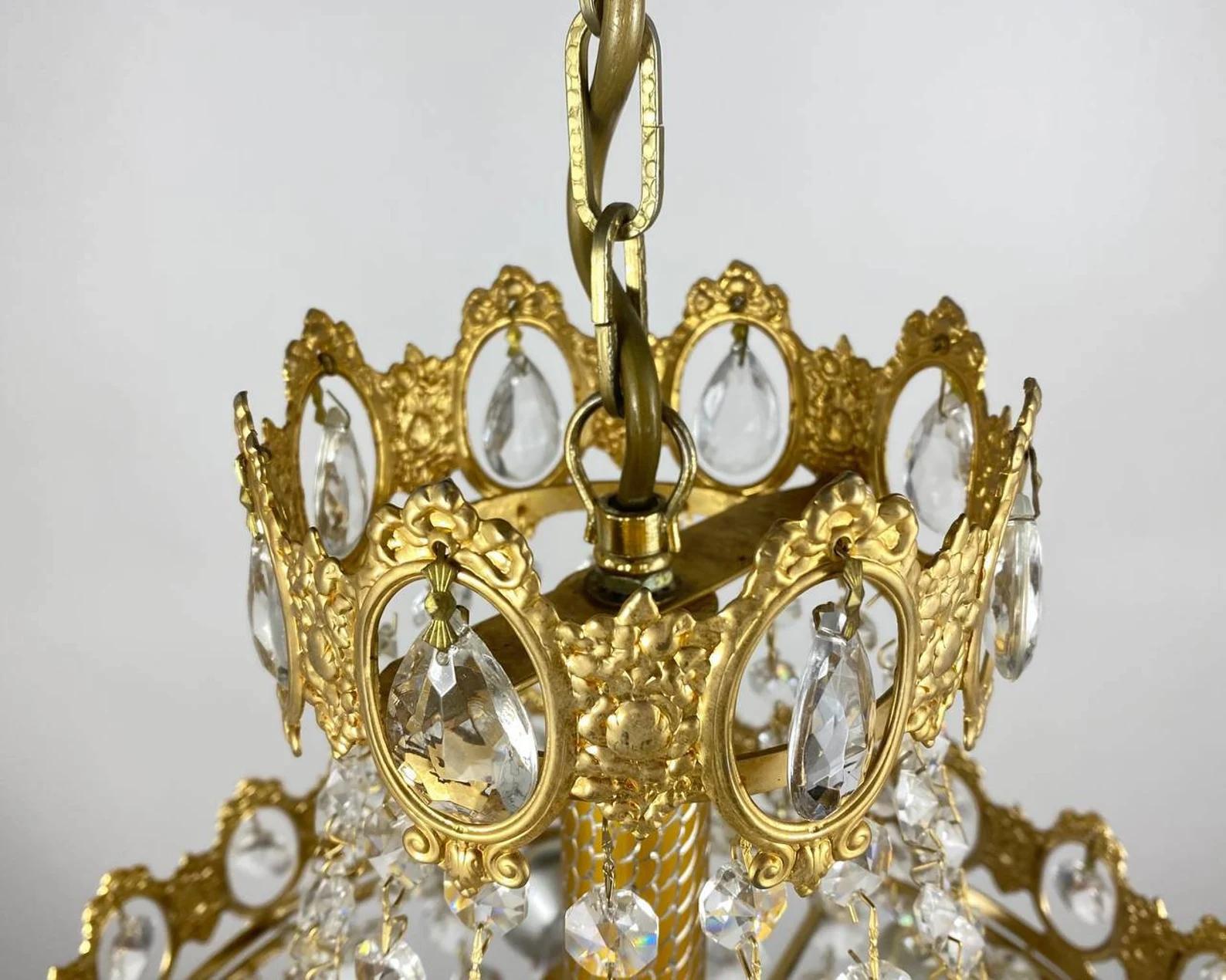 Empire Style Belgian Gilt Metal and Glass 6-Light Chandelier, 1970s For Sale 3