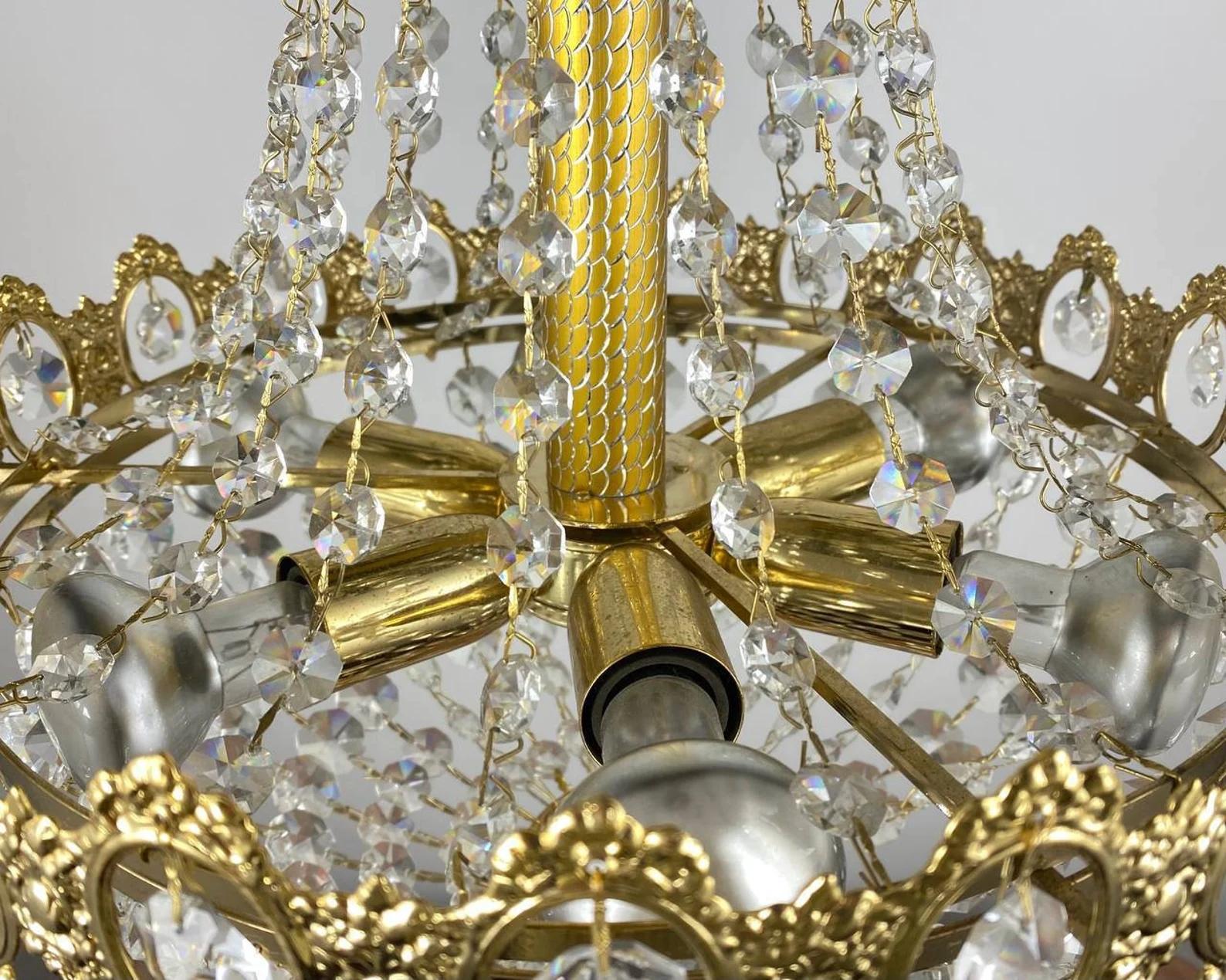 Empire Style Belgian Gilt Metal and Glass 6-Light Chandelier, 1970s For Sale 4