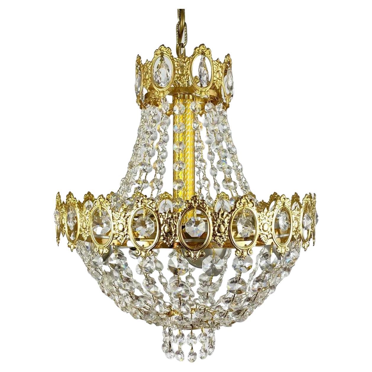 Empire Style Belgian Gilt Metal and Glass 6-Light Chandelier, 1970s