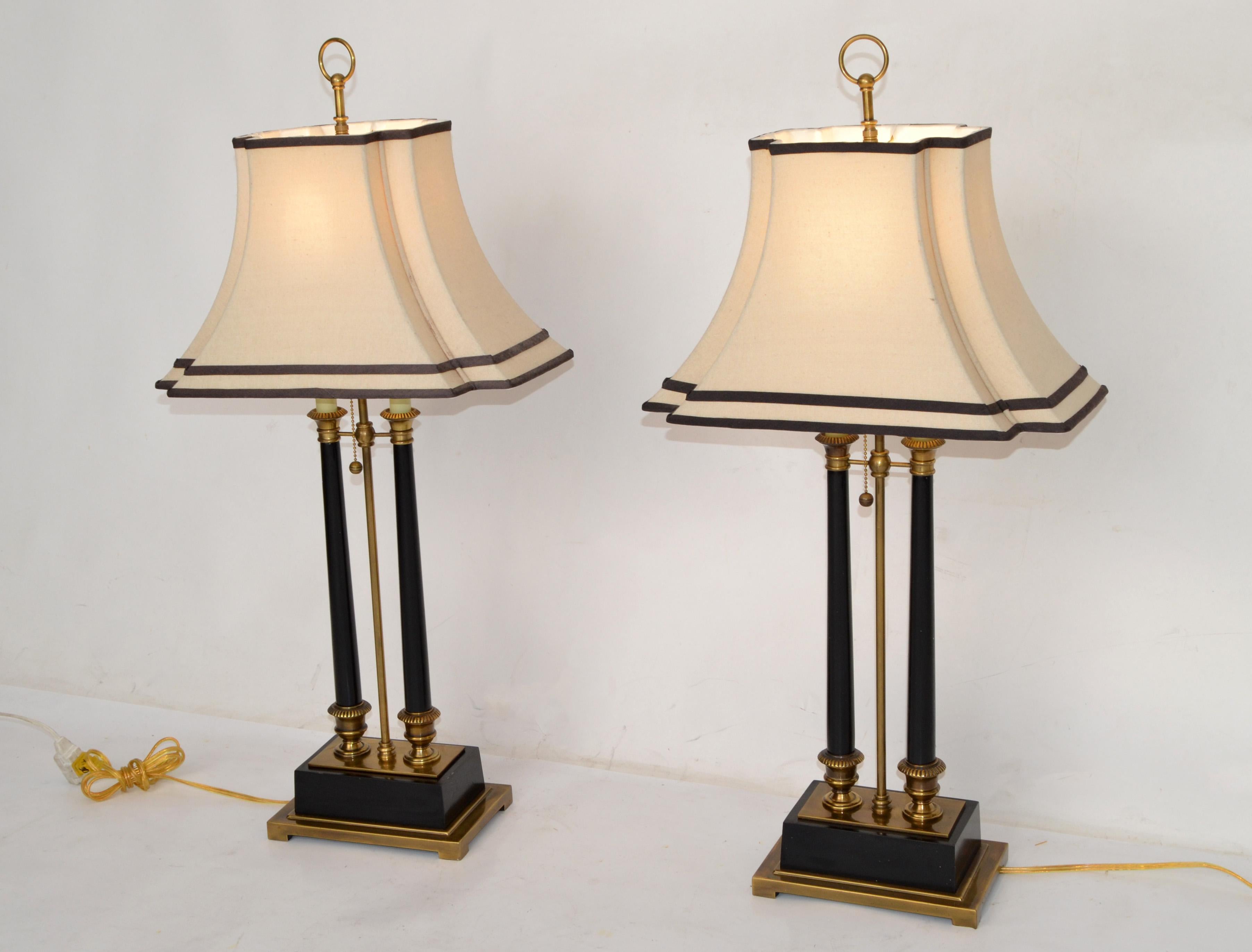 Mid-Century Modern Empire Style Big Scale Brass & Ebonized Wood Rectangular Solid Brass Lamps Pair For Sale