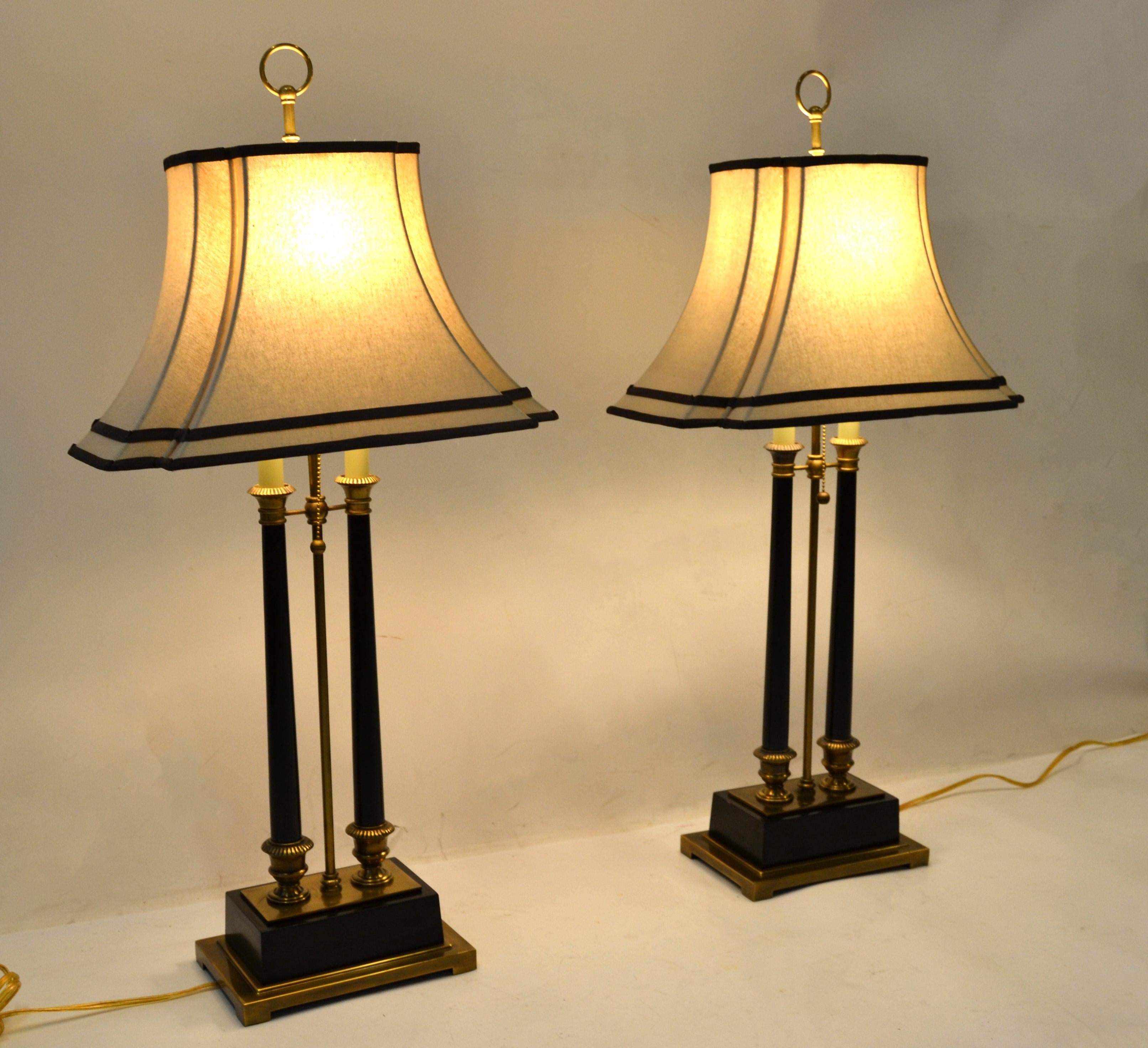 American Empire Style Big Scale Brass & Ebonized Wood Rectangular Solid Brass Lamps Pair For Sale