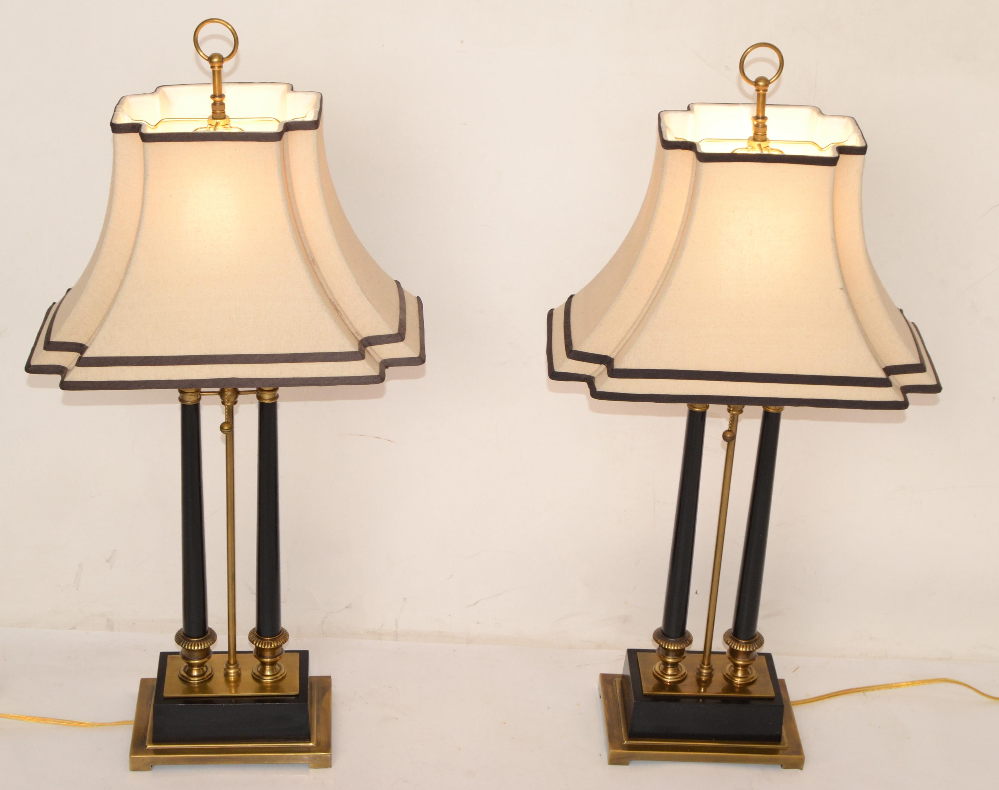 Polished Empire Style Big Scale Brass & Ebonized Wood Rectangular Solid Brass Lamps Pair For Sale